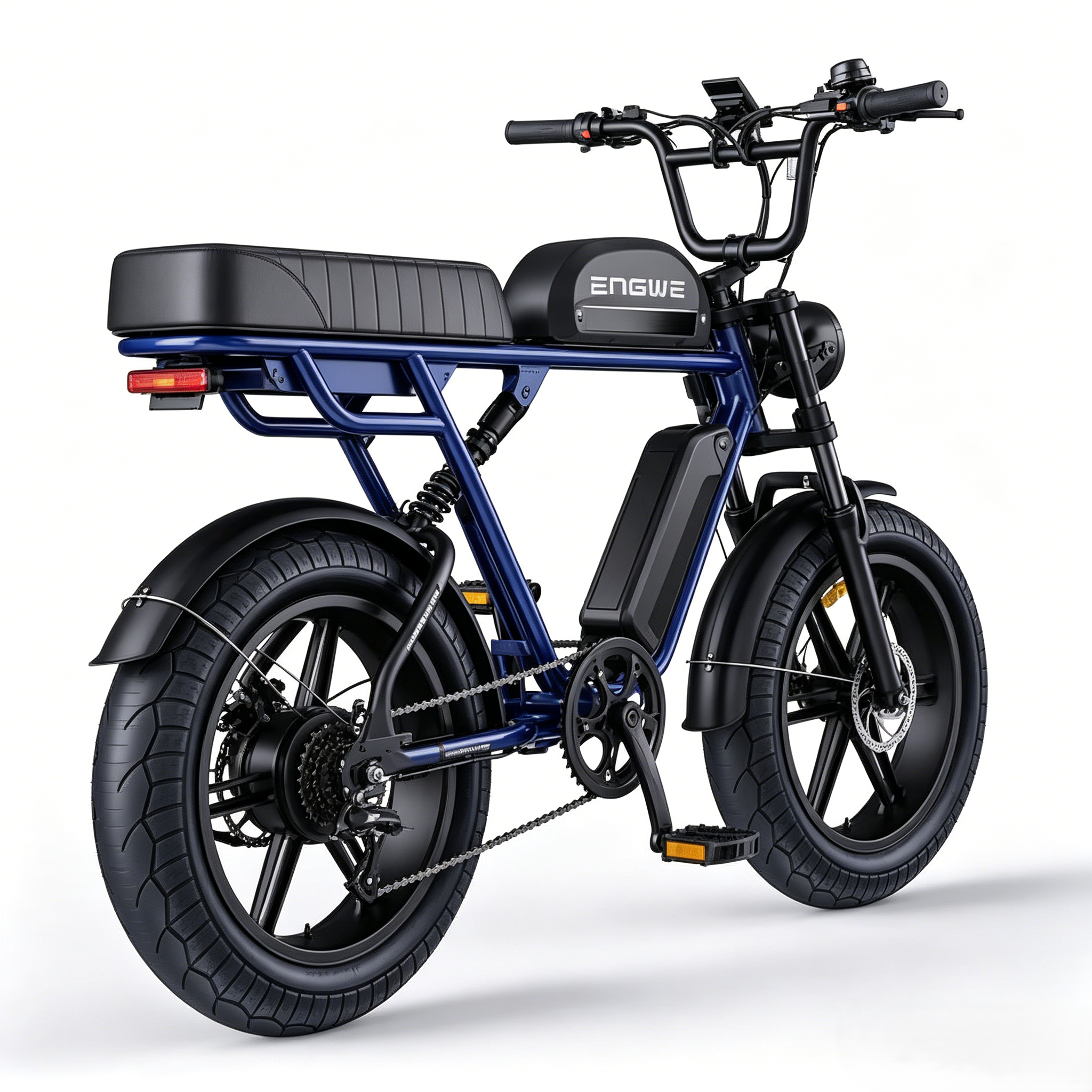 Una bicicletta elettrica blu con pneumatici larghi, sella nera e pacco batteria.