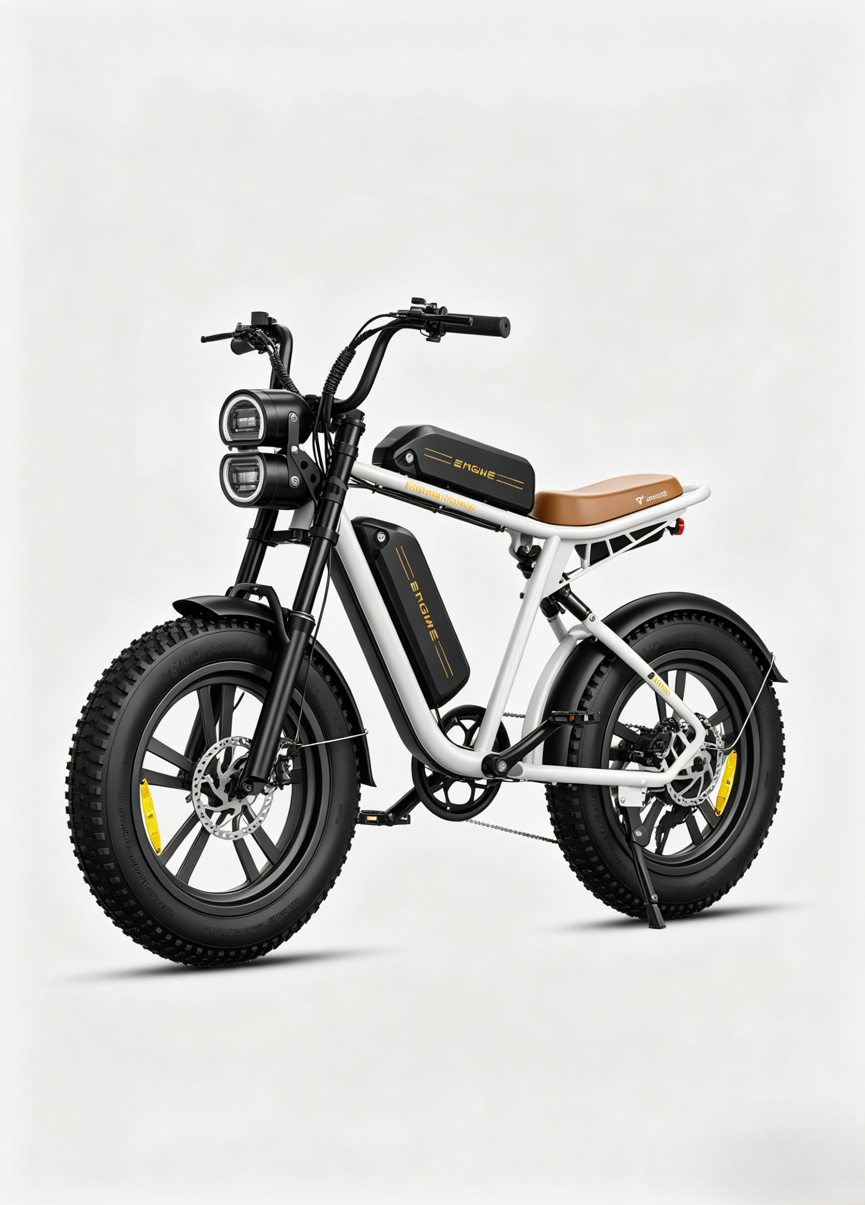 Una fat bike elettrica bianca con accenti neri e sella marrone su sfondo bianco.