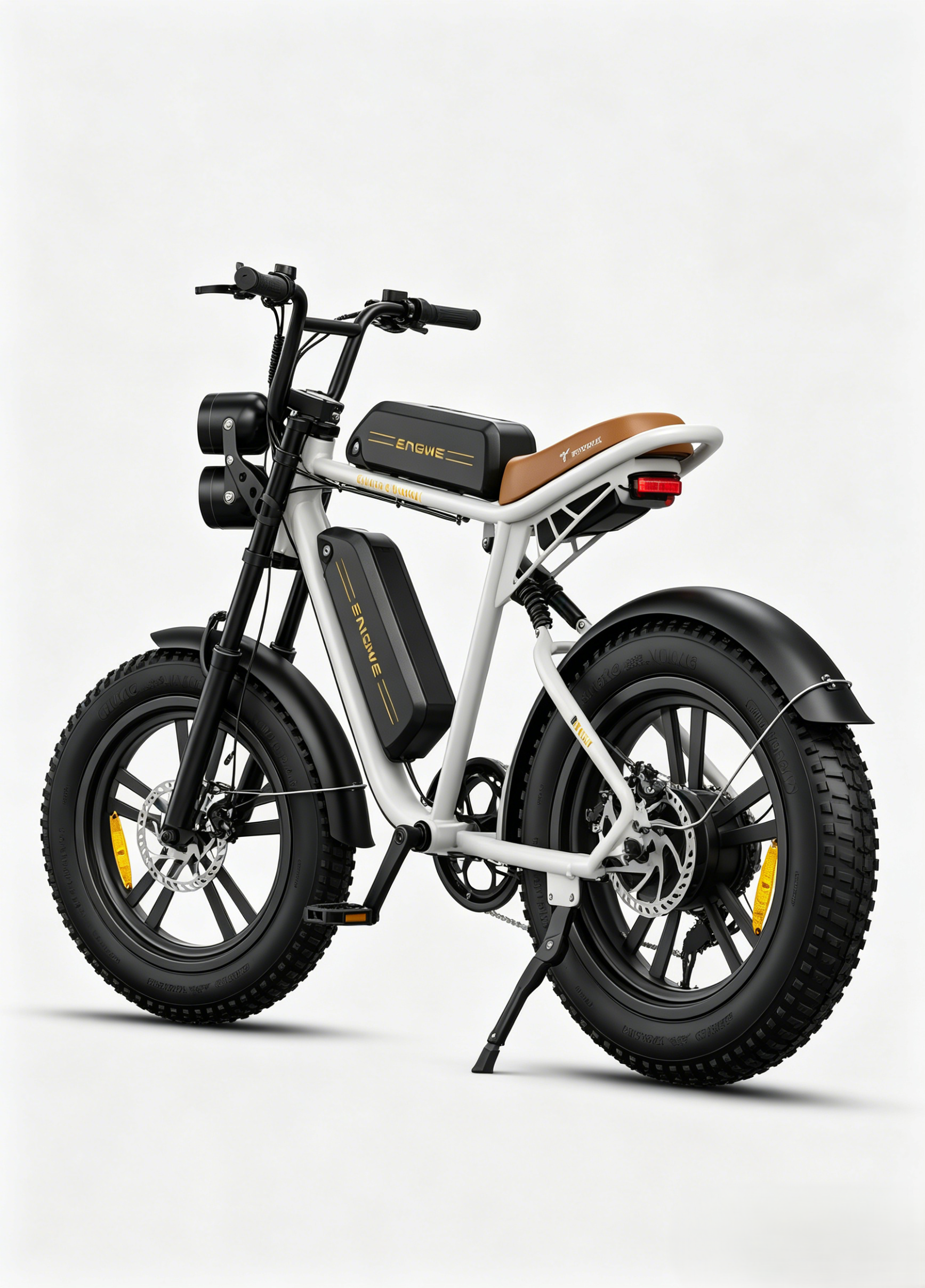 Una bici elettrica bianca con sella marrone e pneumatici grassi su sfondo bianco.