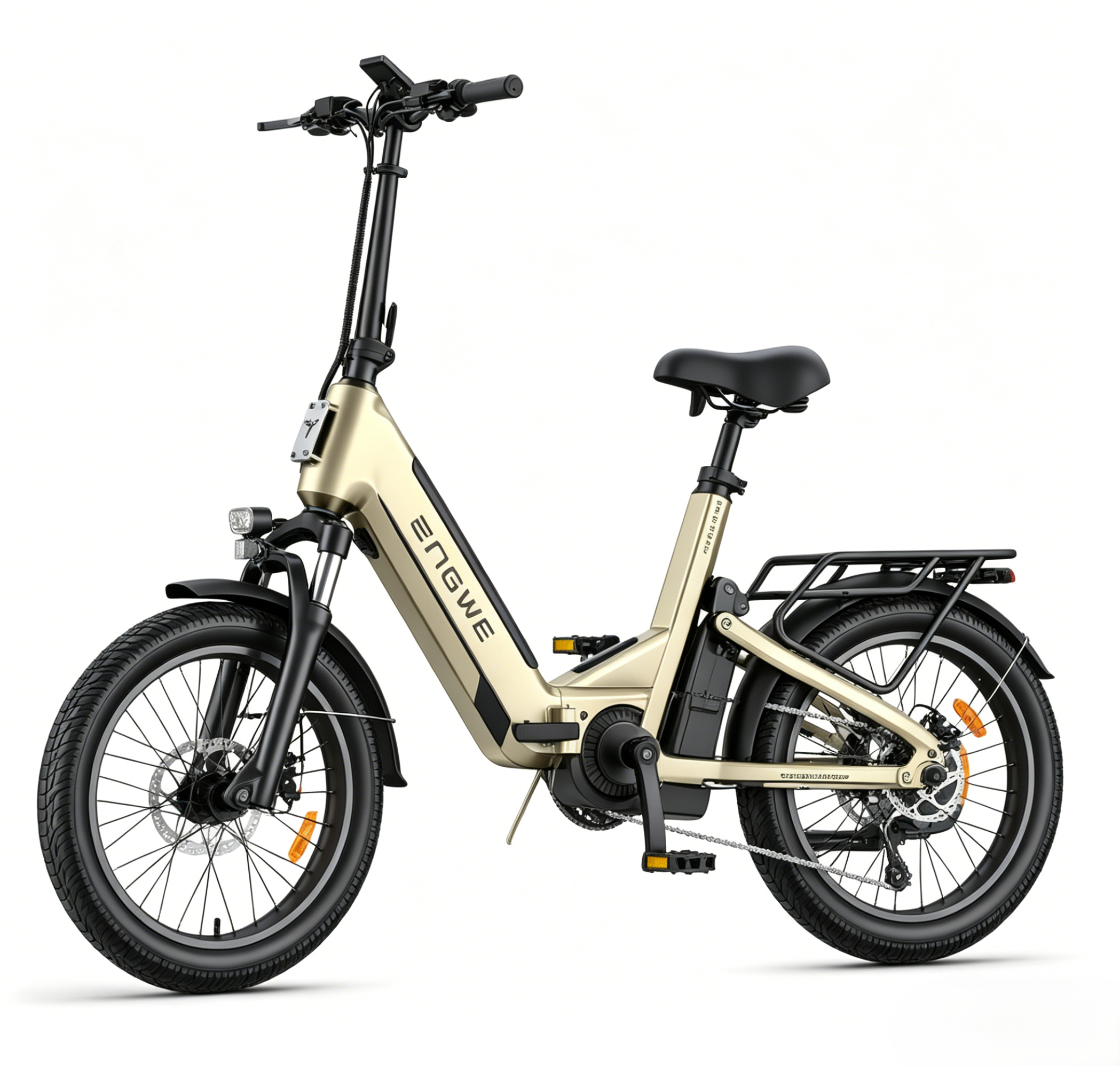 Una e-bike color oro con sella, portapacchi e pneumatici neri.