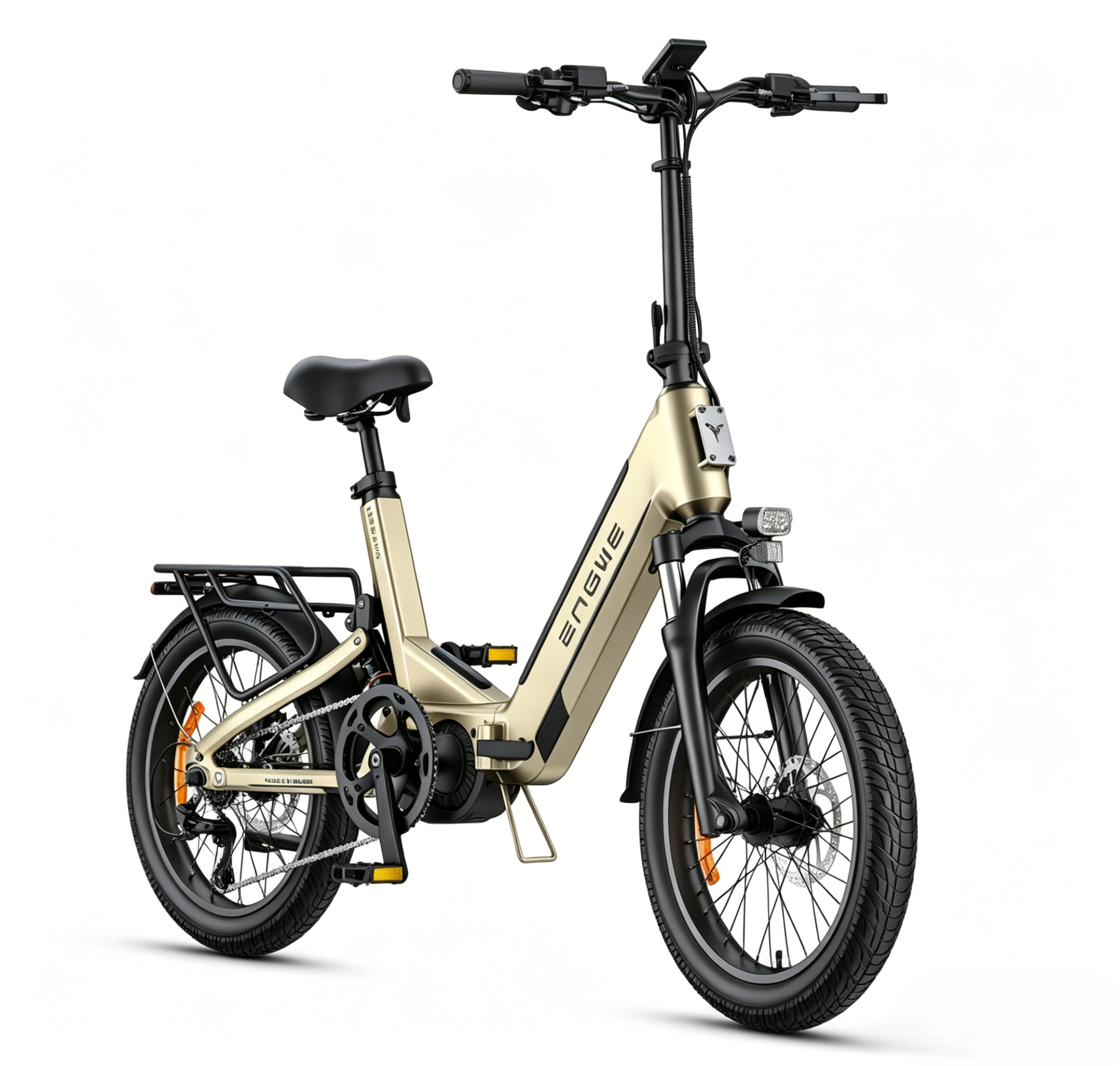 Bicicletta elettrica pieghevole color oro con pneumatici neri, portapacchi e fanale.