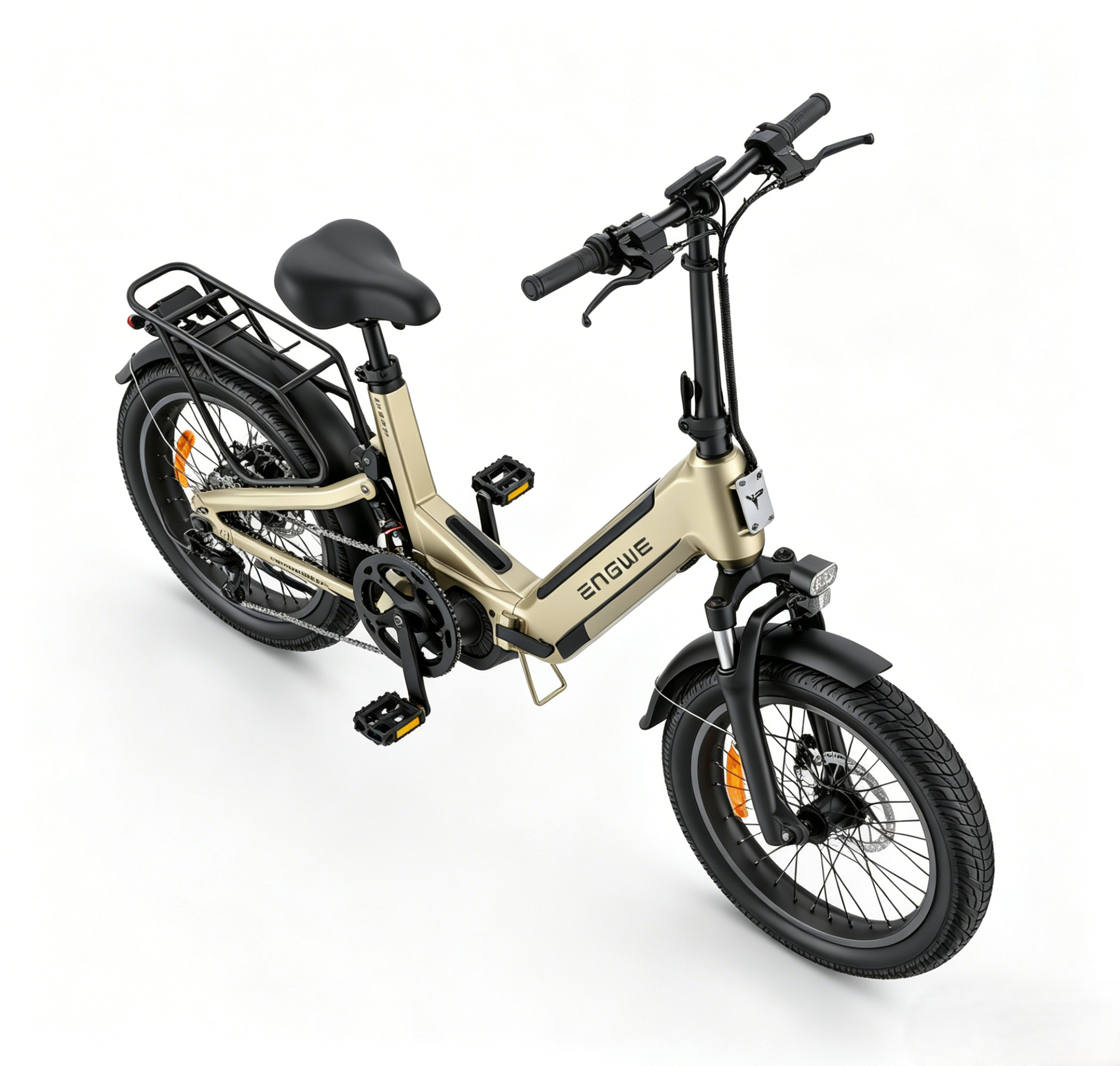 Una bicicletta elettrica pieghevole dorata con accenti neri e portapacchi posteriore.