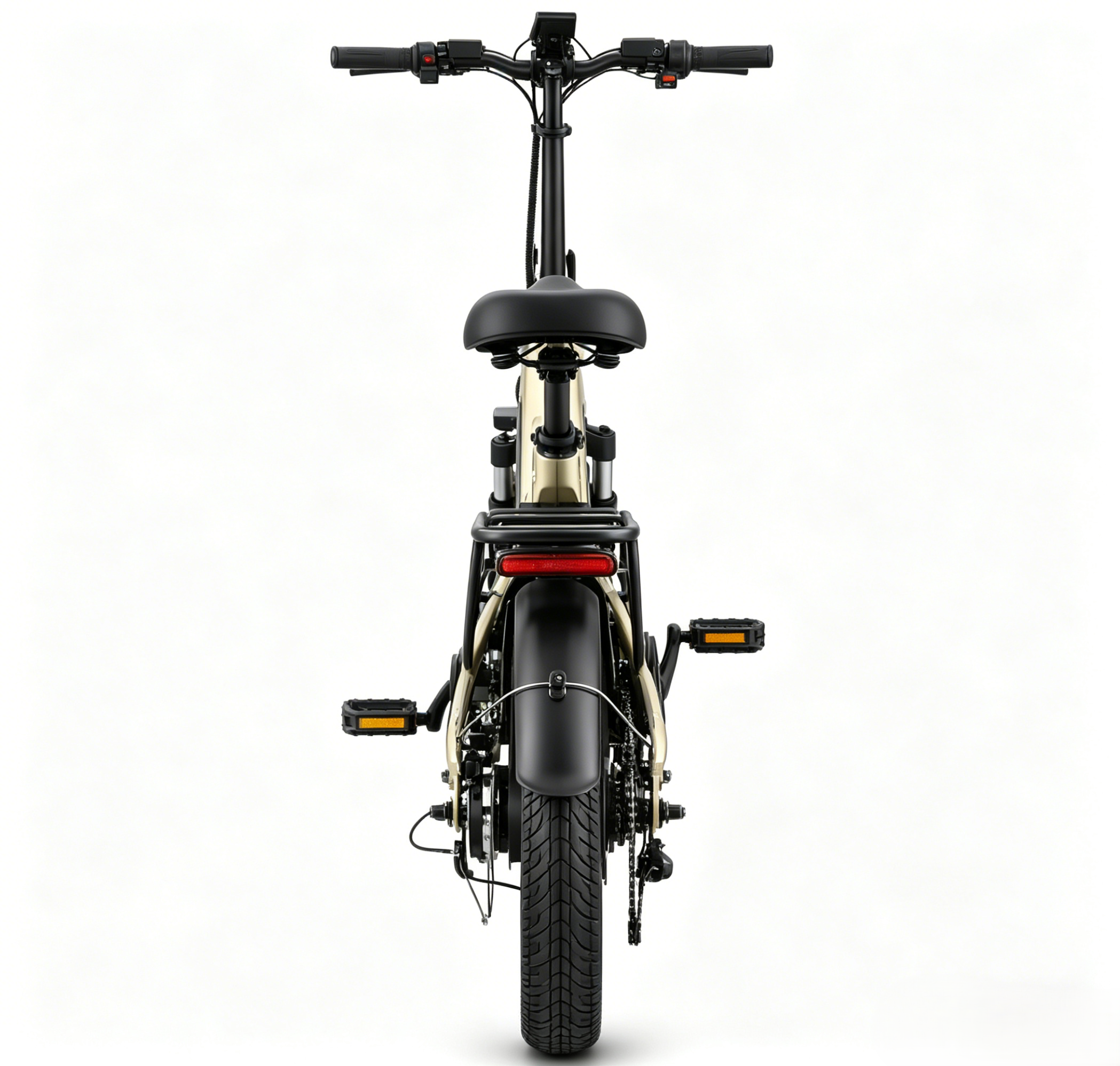 Vista posteriore di una bicicletta elettrica pieghevole color oro con sella e manubrio neri.
