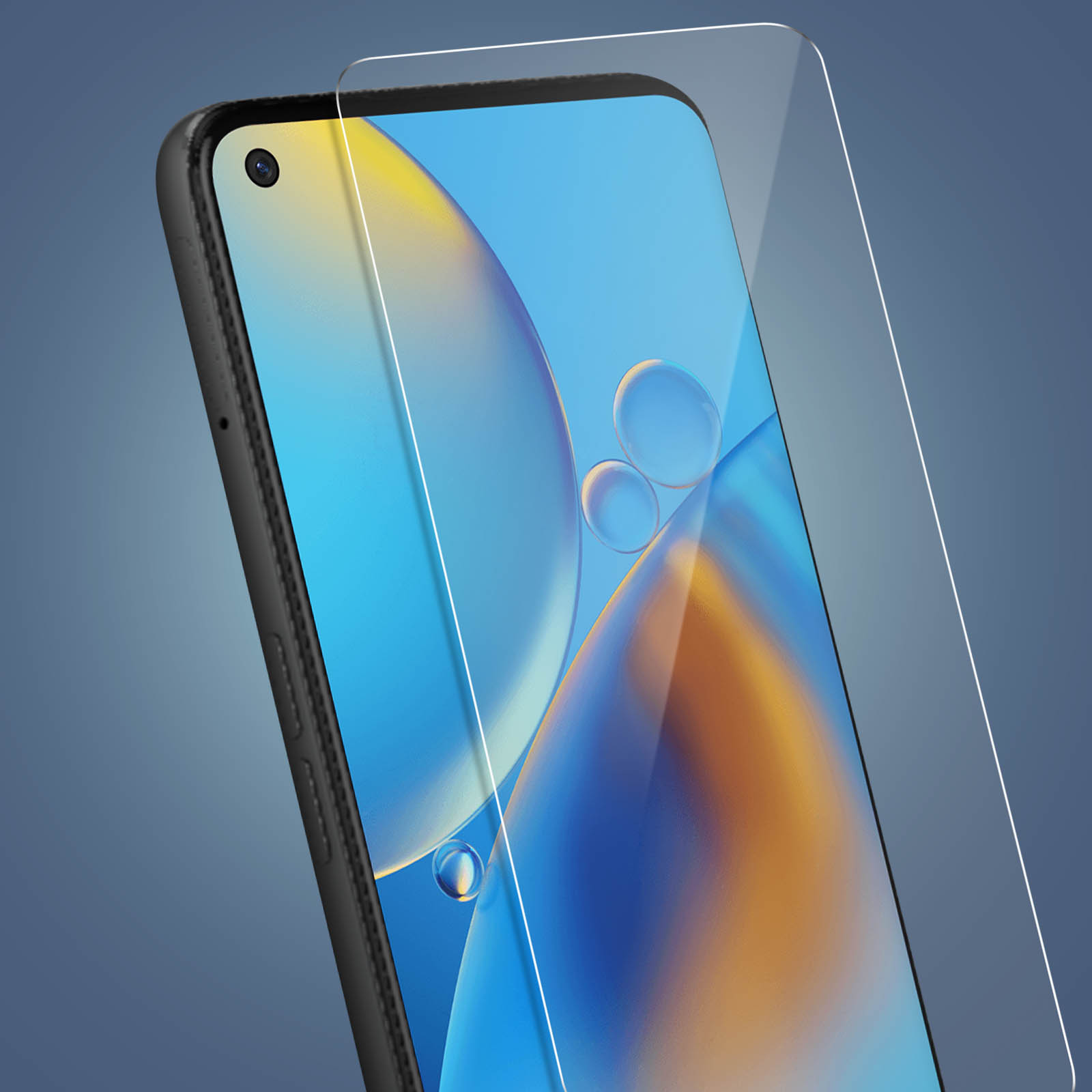 Een smartphone met schermprotector en frontcamera.