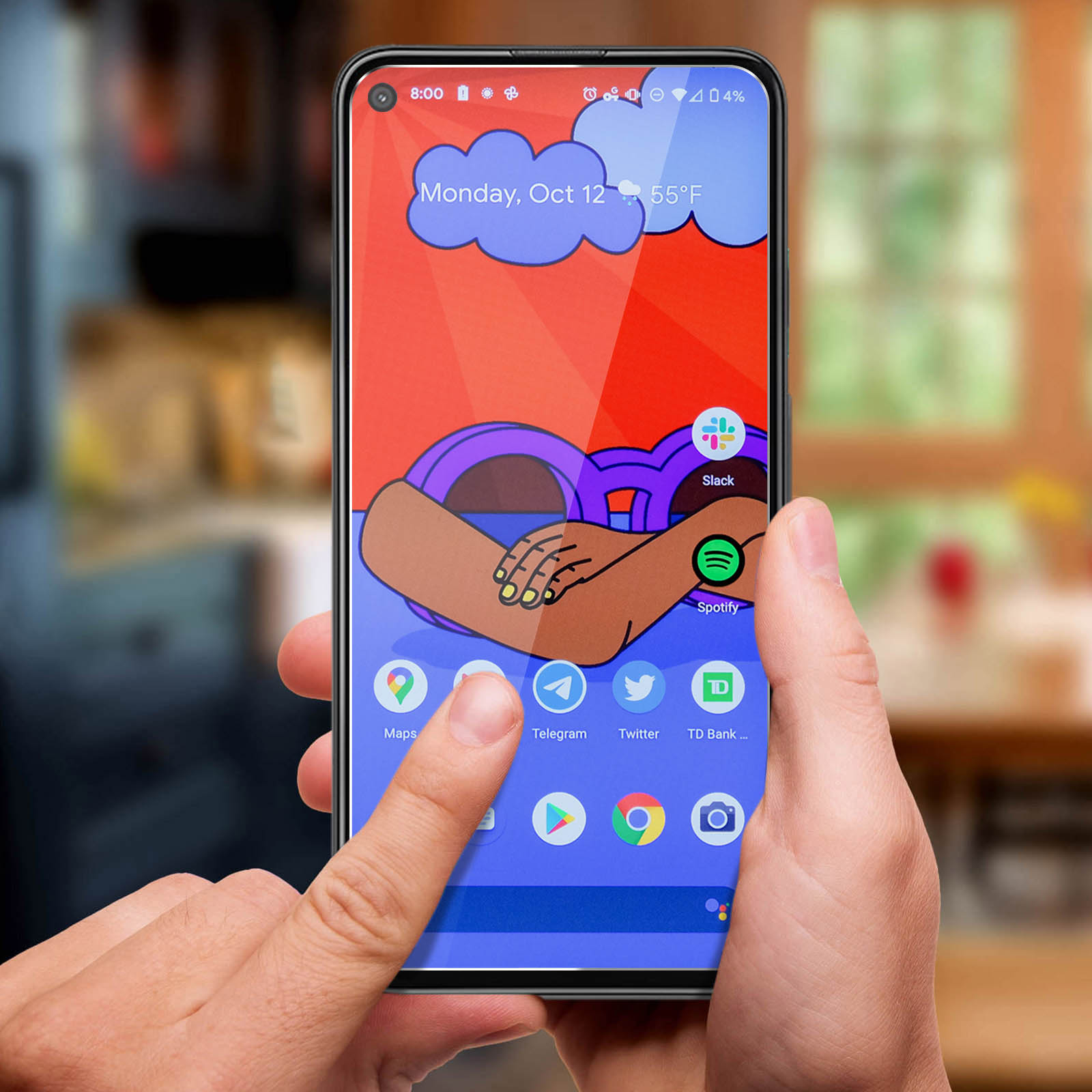 Un dito tocca uno smartphone che mostra un cartone di mani, icone e meteo.