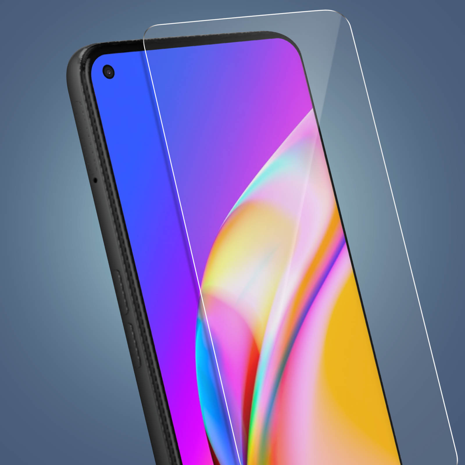 Een smartphone met schermprotector die een kleurverloop toont.