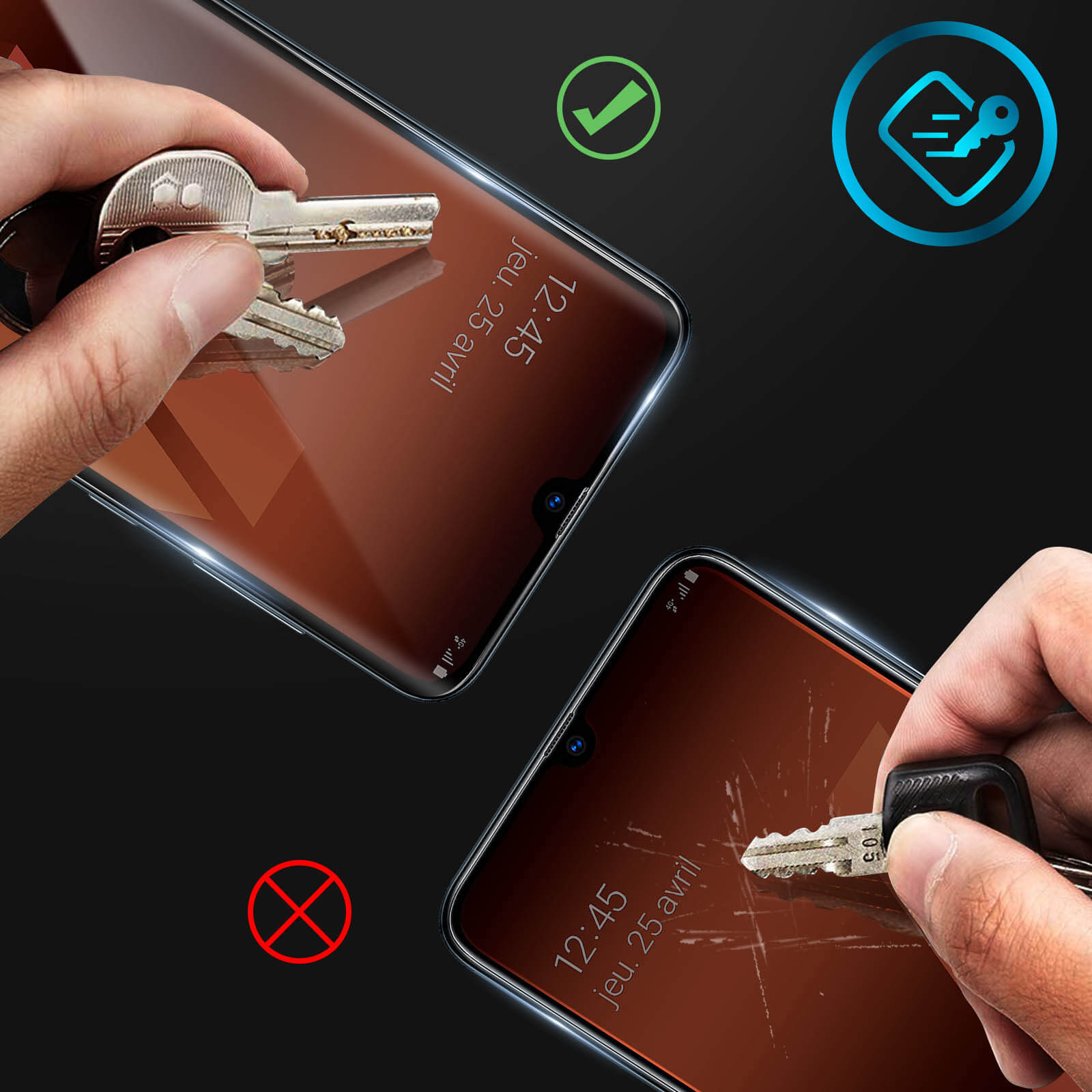 Deux téléphones. L'un montre des rayures de clé, l'autre est intact.
