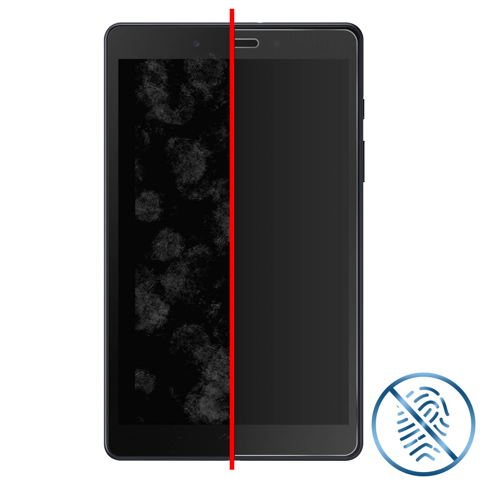 Schermo del tablet con impronte digitali a sinistra e schermo pulito a destra. Icona anti-impronte.