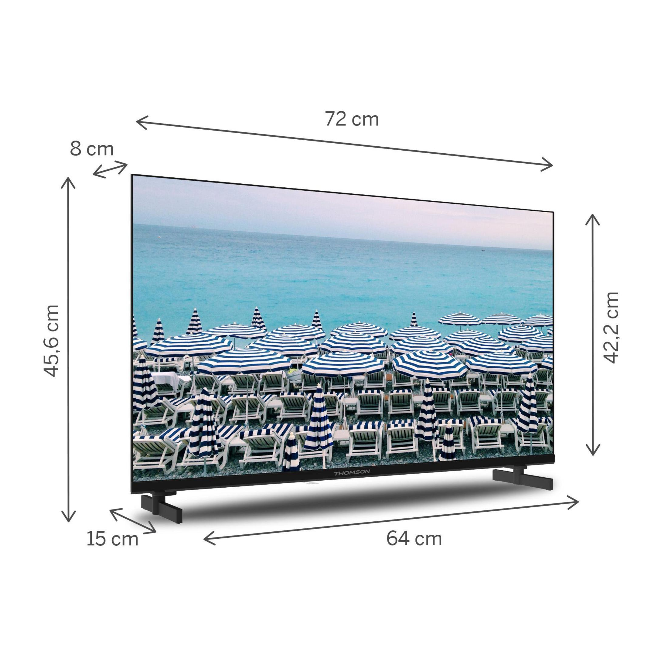 Un televisore mostra un'immagine di sedie a sdraio e ombrelloni su una spiaggia.
