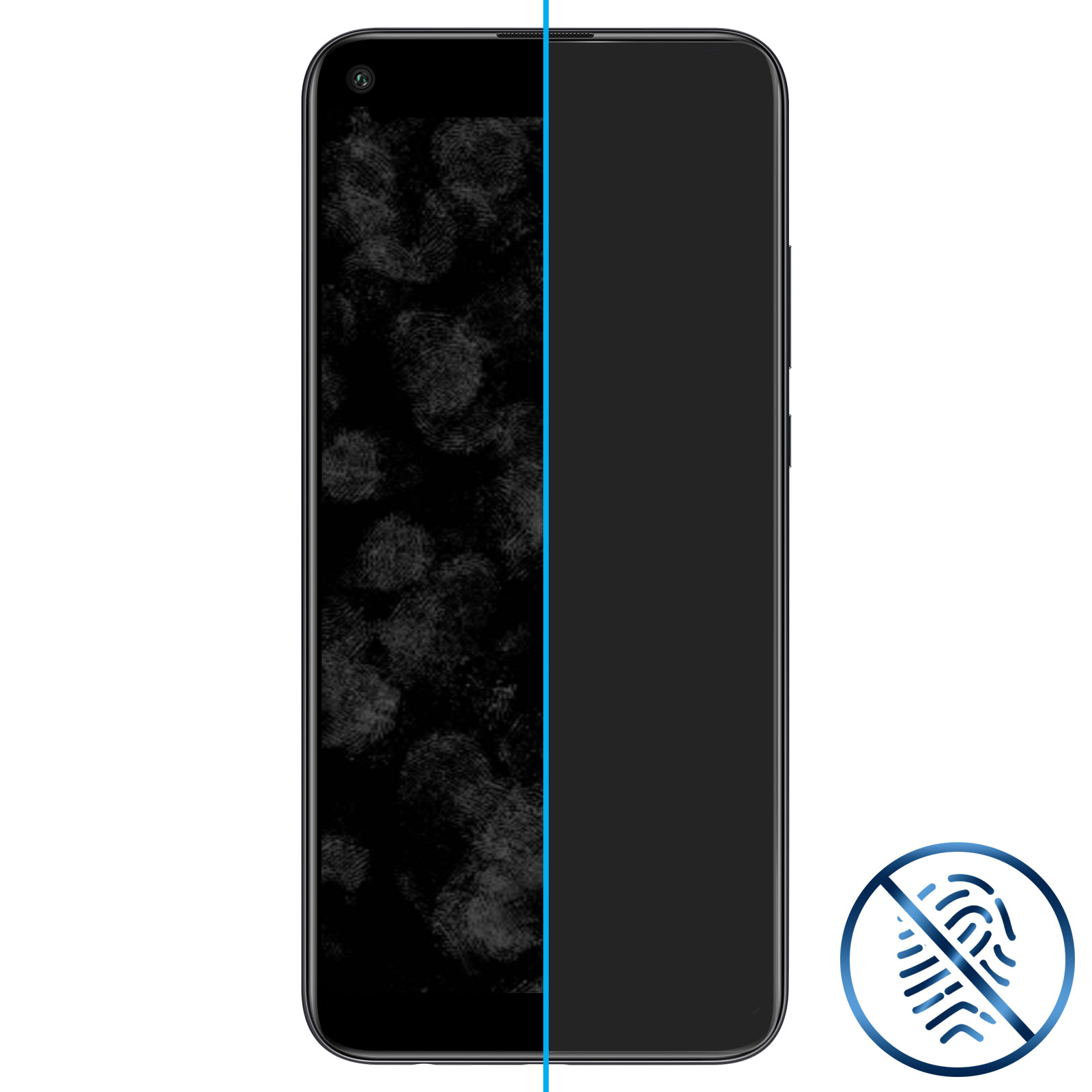 Een smartphone met vingerafdrukken links en een verbodssymbool rechts.