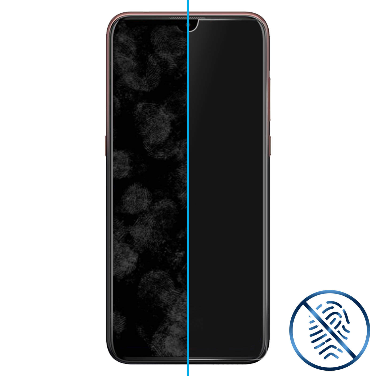 Un écran de smartphone avec empreintes digitales à gauche et un panneau d'interdiction d'empreintes digitales.