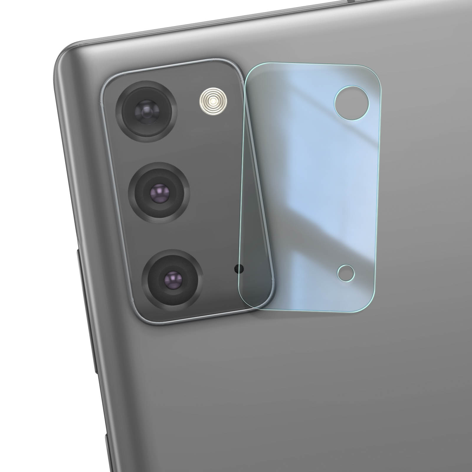 Close-up van de achterkant van een smartphone met drie cameralenzen en een flitser.
