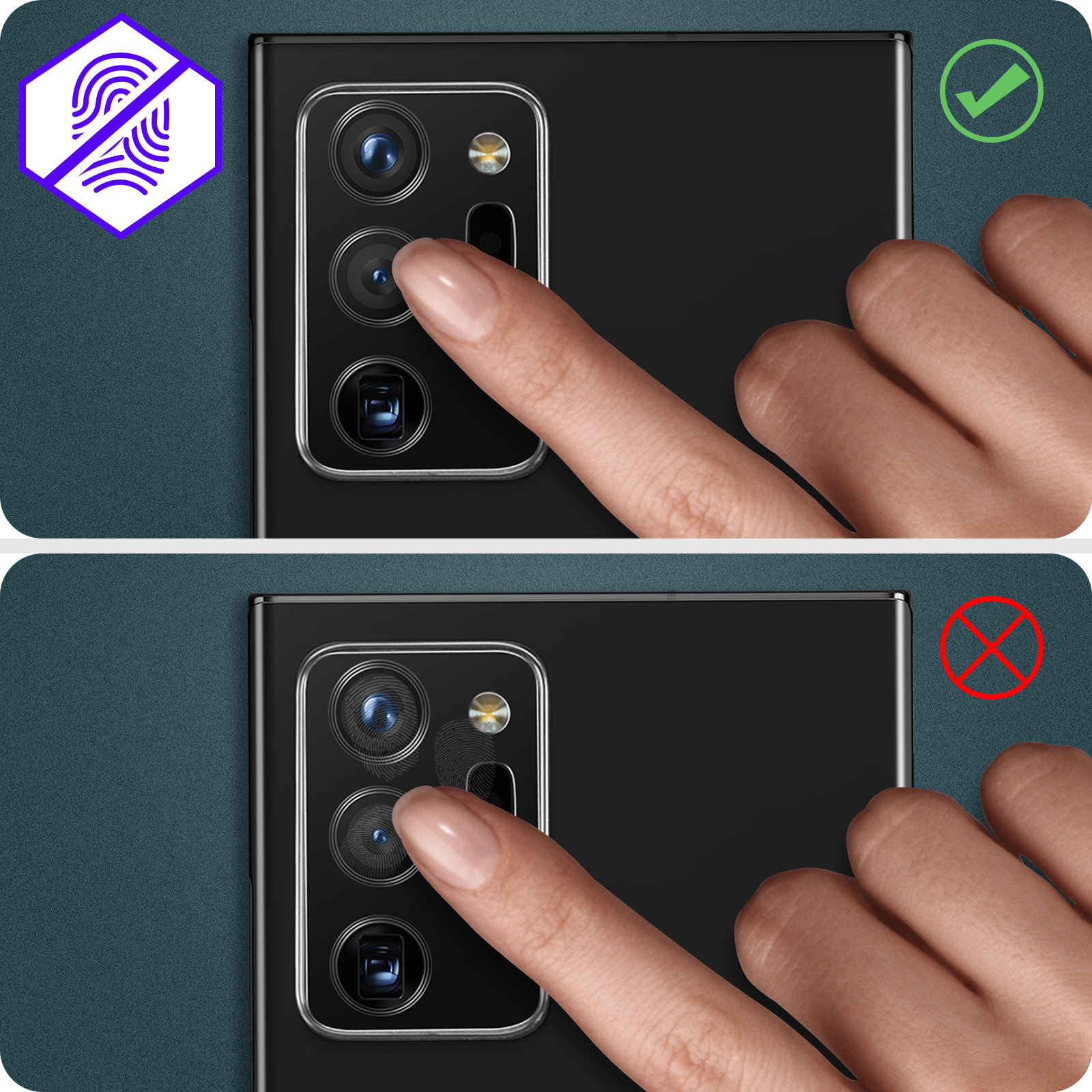 Twee afbeeldingen tonen een vinger die een smartphone-cameralens aanraakt. Boven: geen vingerafdrukicoon, vinkje. Onder: vingerafdrukvlekken, X-markering.