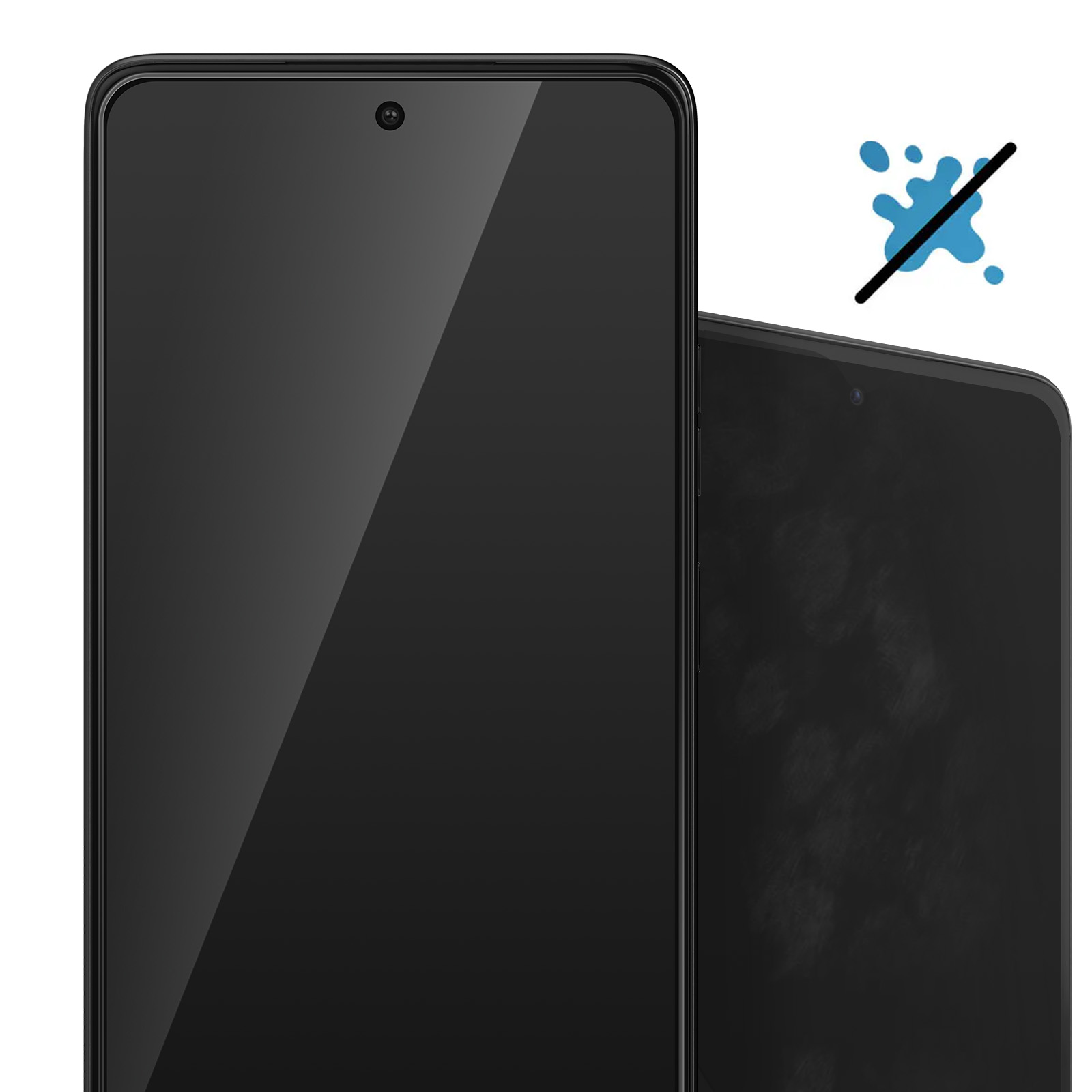 Twee zwarte smartphones met een blauw spat-icoon en een doorgestreepte cirkel.