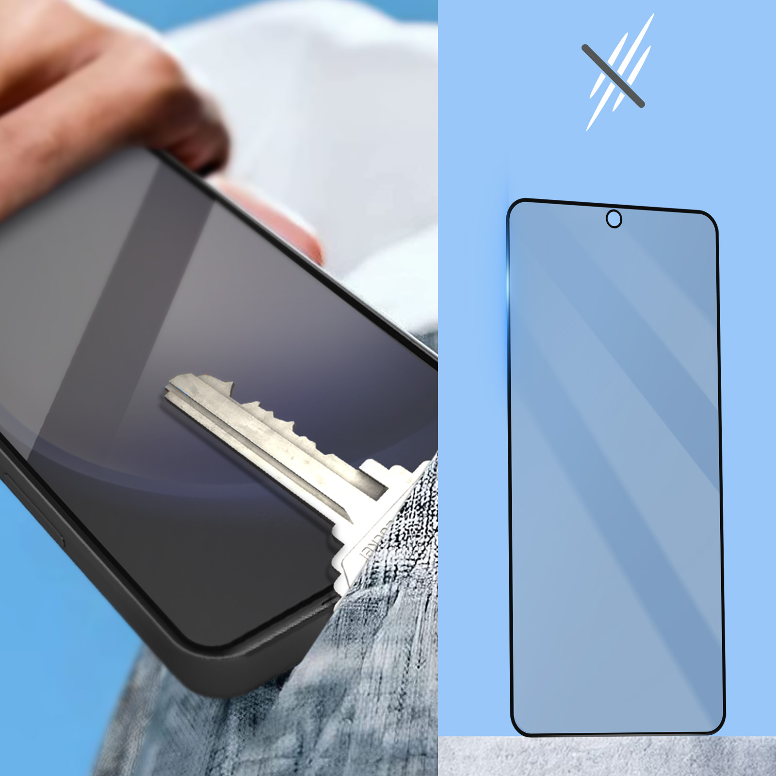 Een sleutel krast op een smartphone-scherm dat beschermd is door een screenprotector.