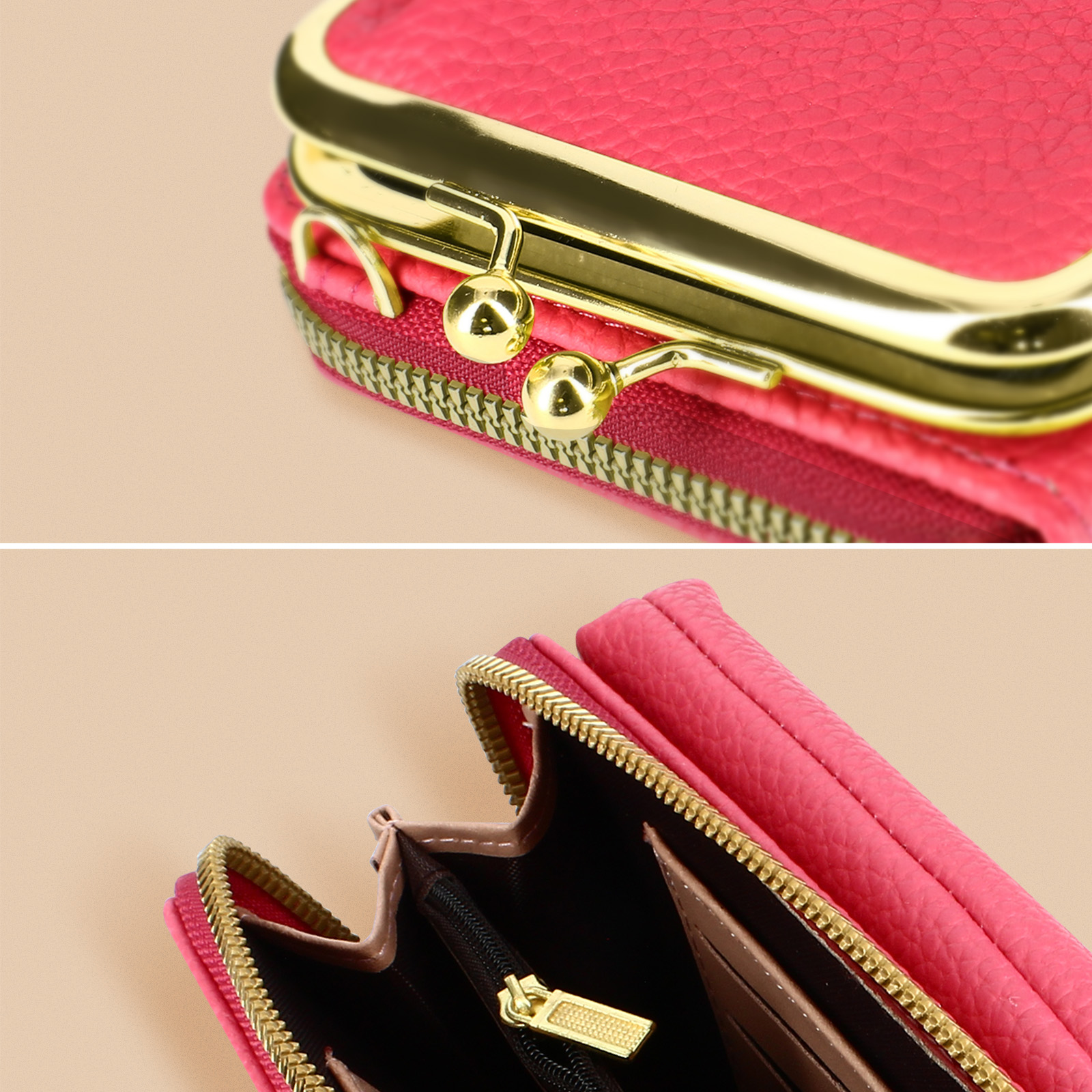 Een close-up van een open, roze portemonnee met gouden ritsen en sluitingen.