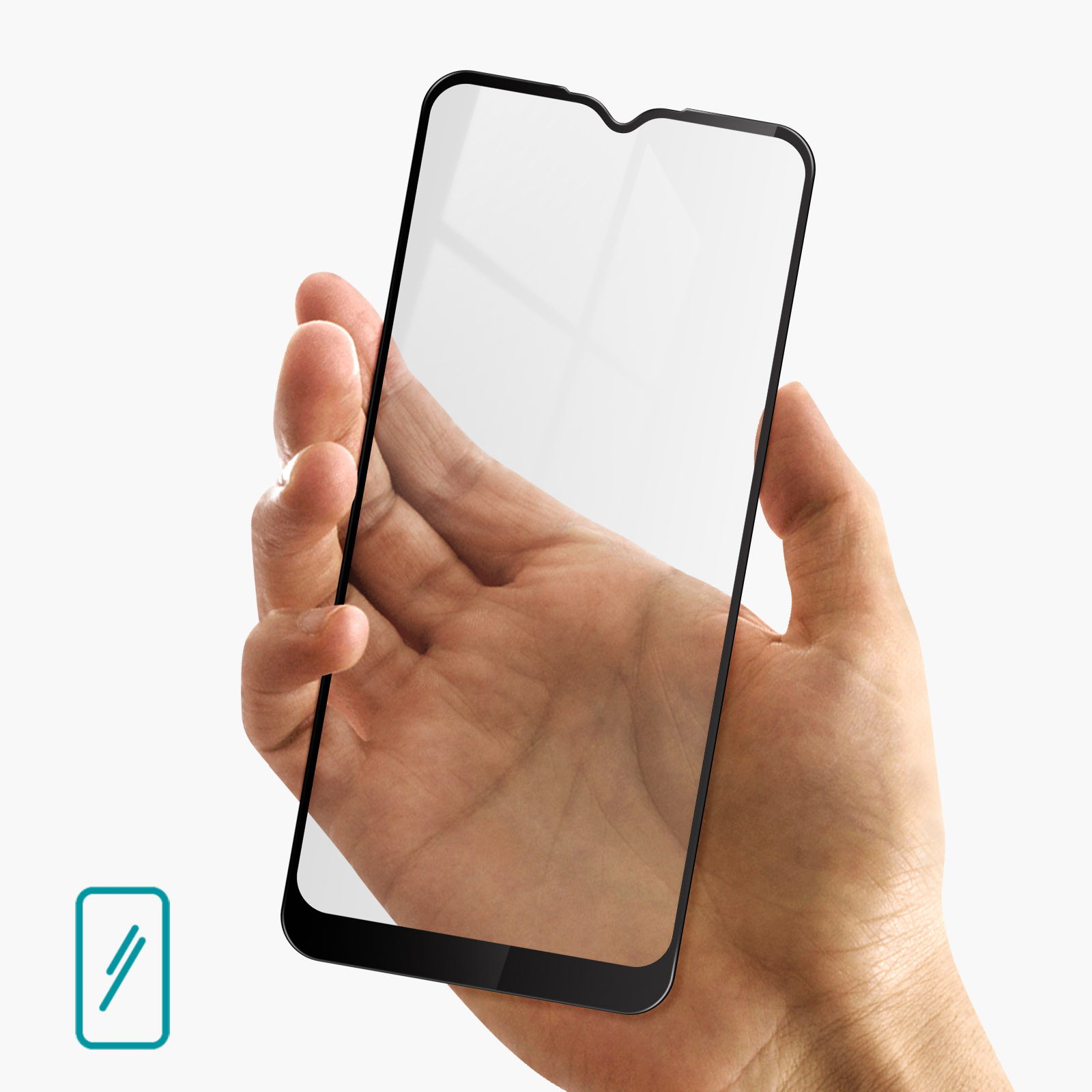 Une main tient un smartphone avec un protecteur d'écran en verre.