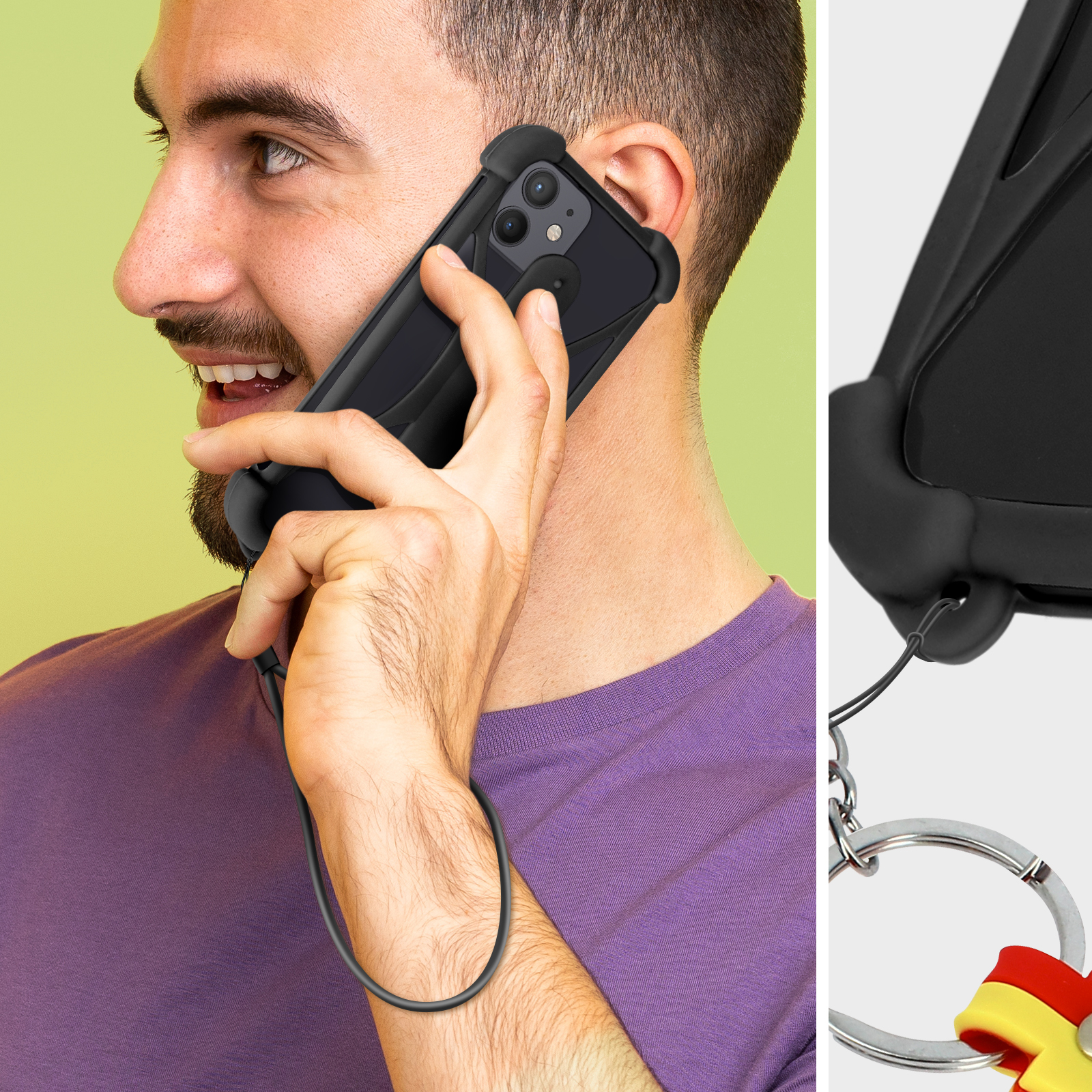 Homme au téléphone avec cordon attaché à l'étui et porte-clés.