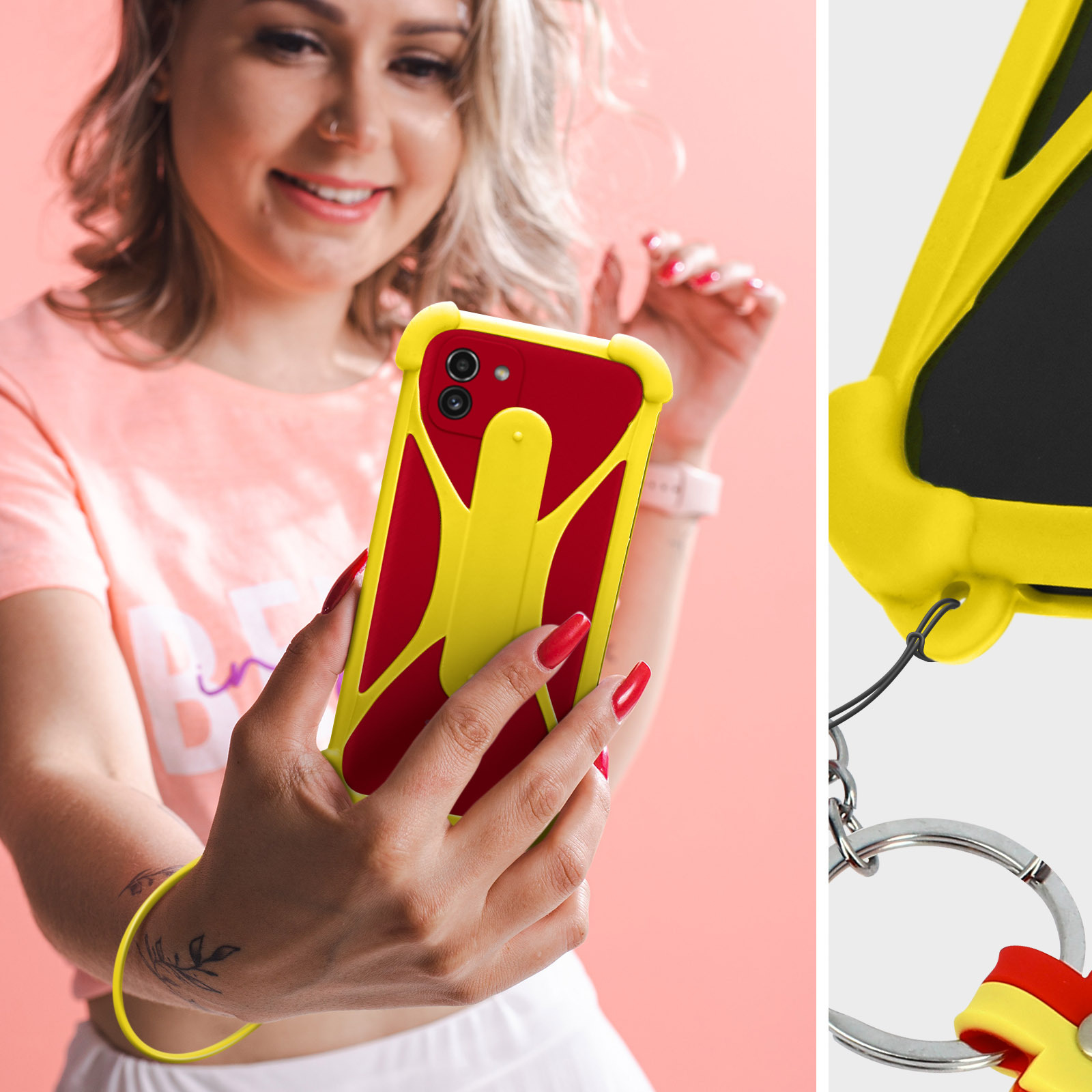 Femme tenant une coque de téléphone rouge avec un design jaune et un porte-clés.