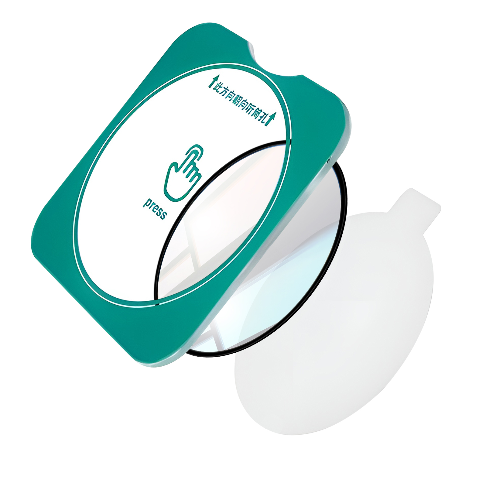 Groen etiket met pijl en handicoon op glaslens, witte achtergrond.