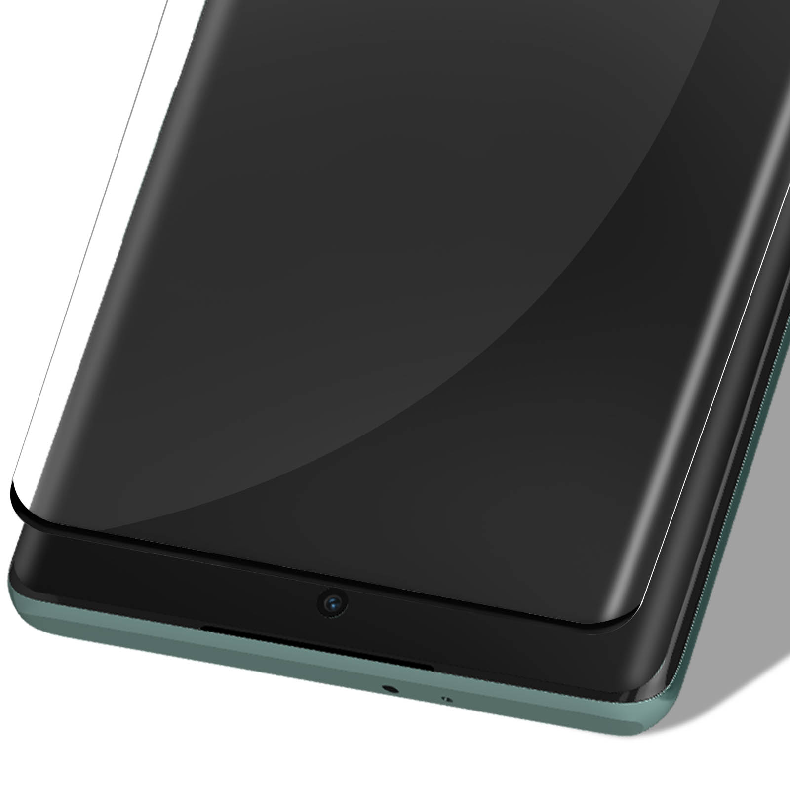 Un smartphone avec protecteur d'écran et caméra frontale.