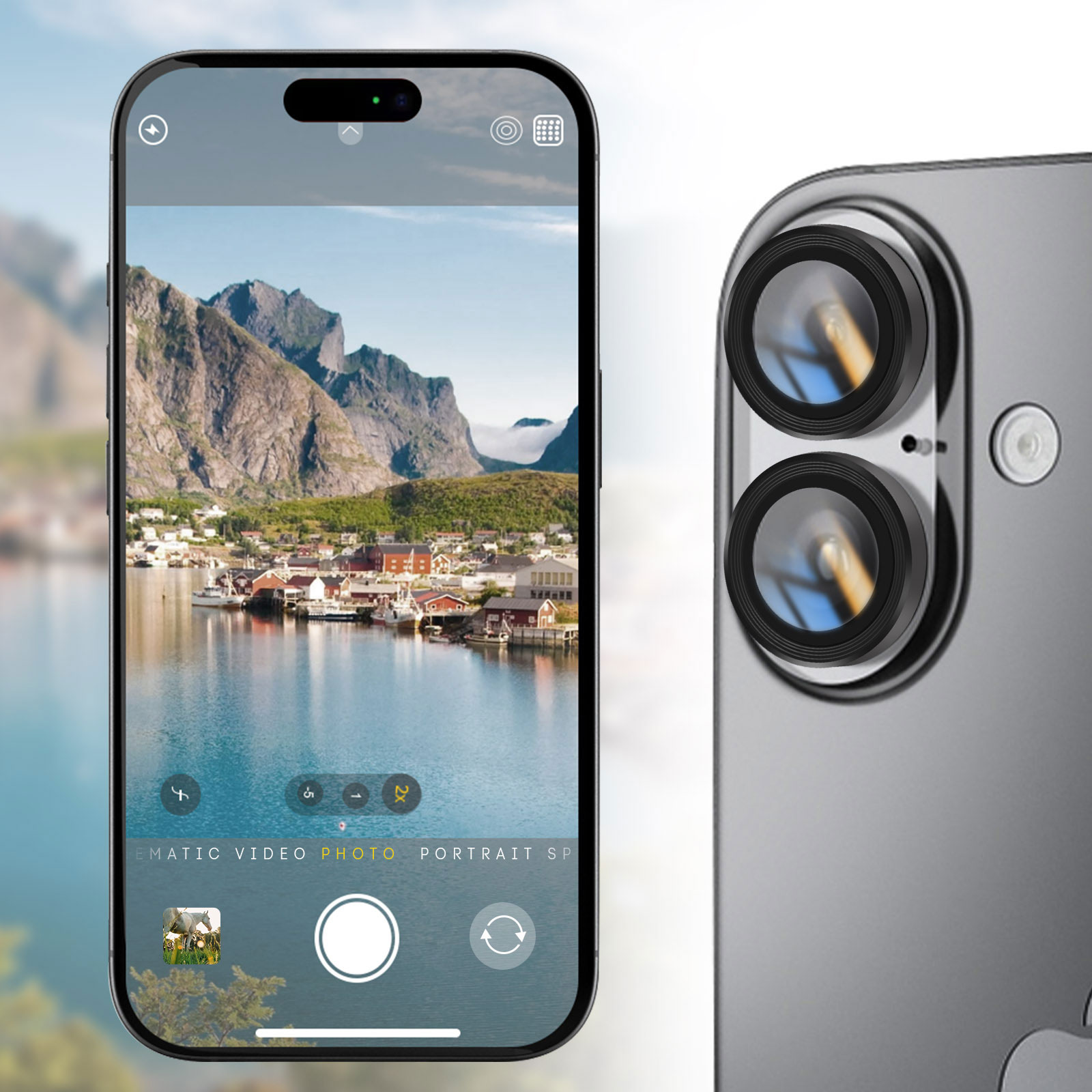 Téléphone montre un village norvégien au bord de l'eau, avec des montagnes derrière. Gros plan caméra.