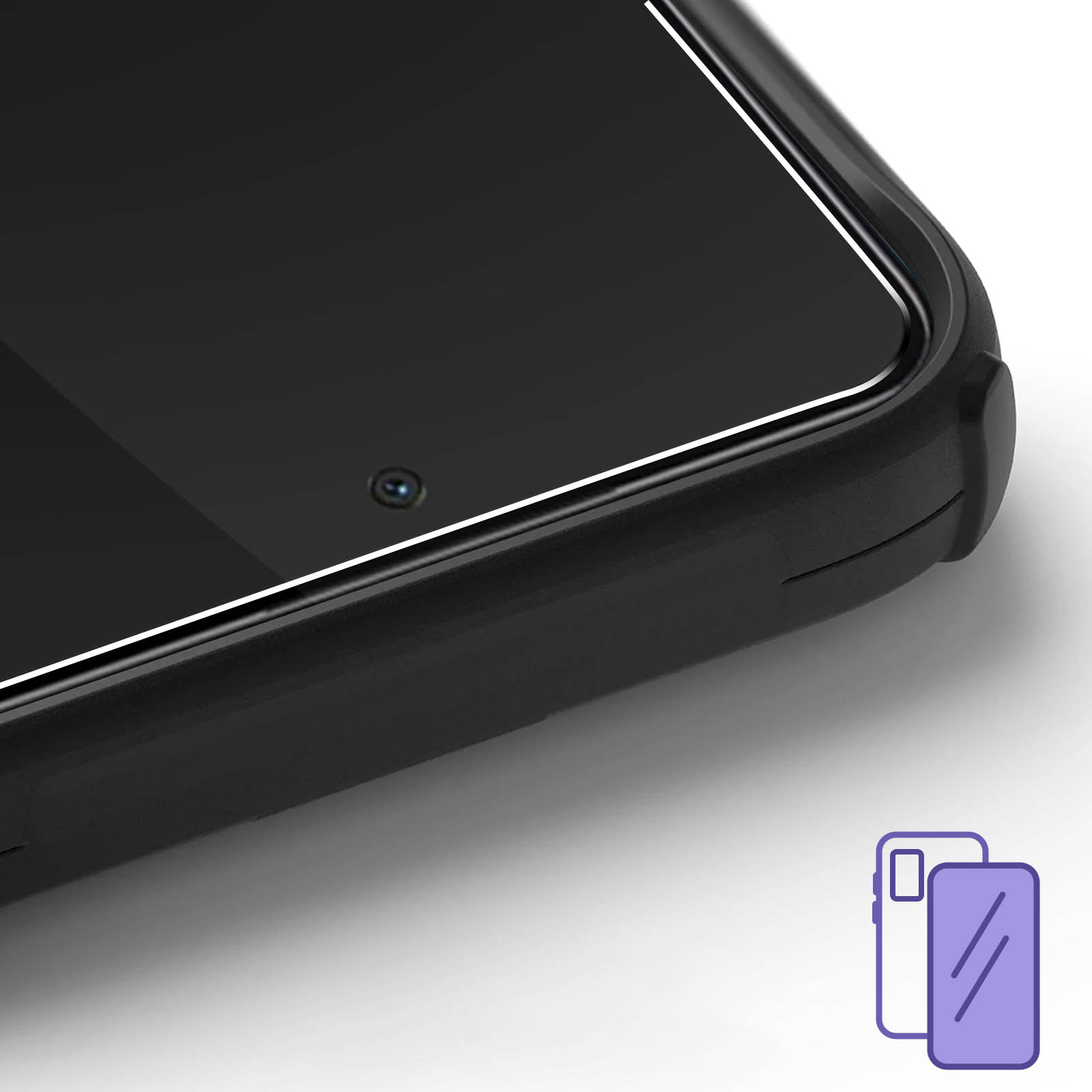 Gros plan d'une coque de téléphone noire avec découpe caméra et une icône de deux protections d'écran.
