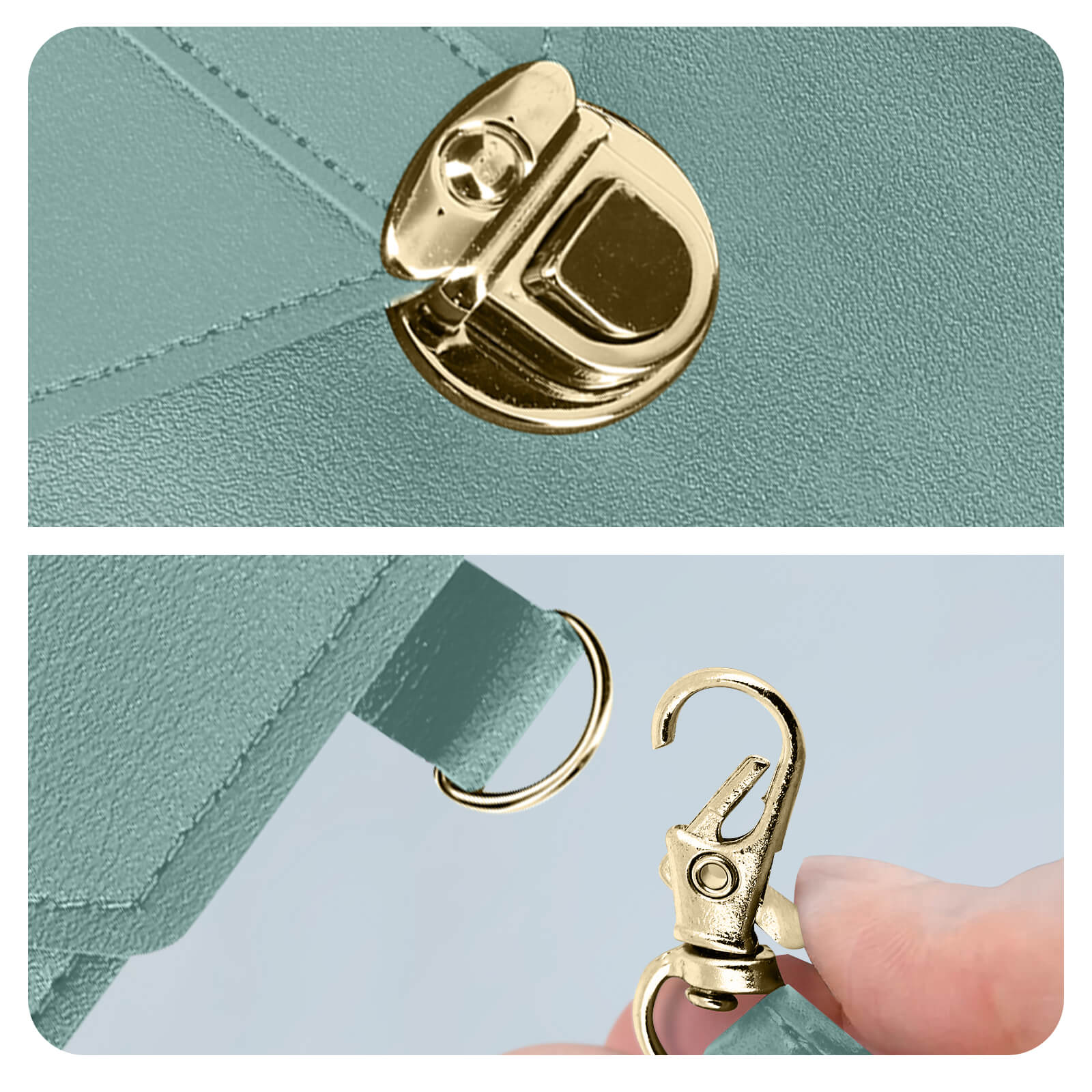 Una chiusura dorata su una borsa verde menta e un moschettone su un cinturino.