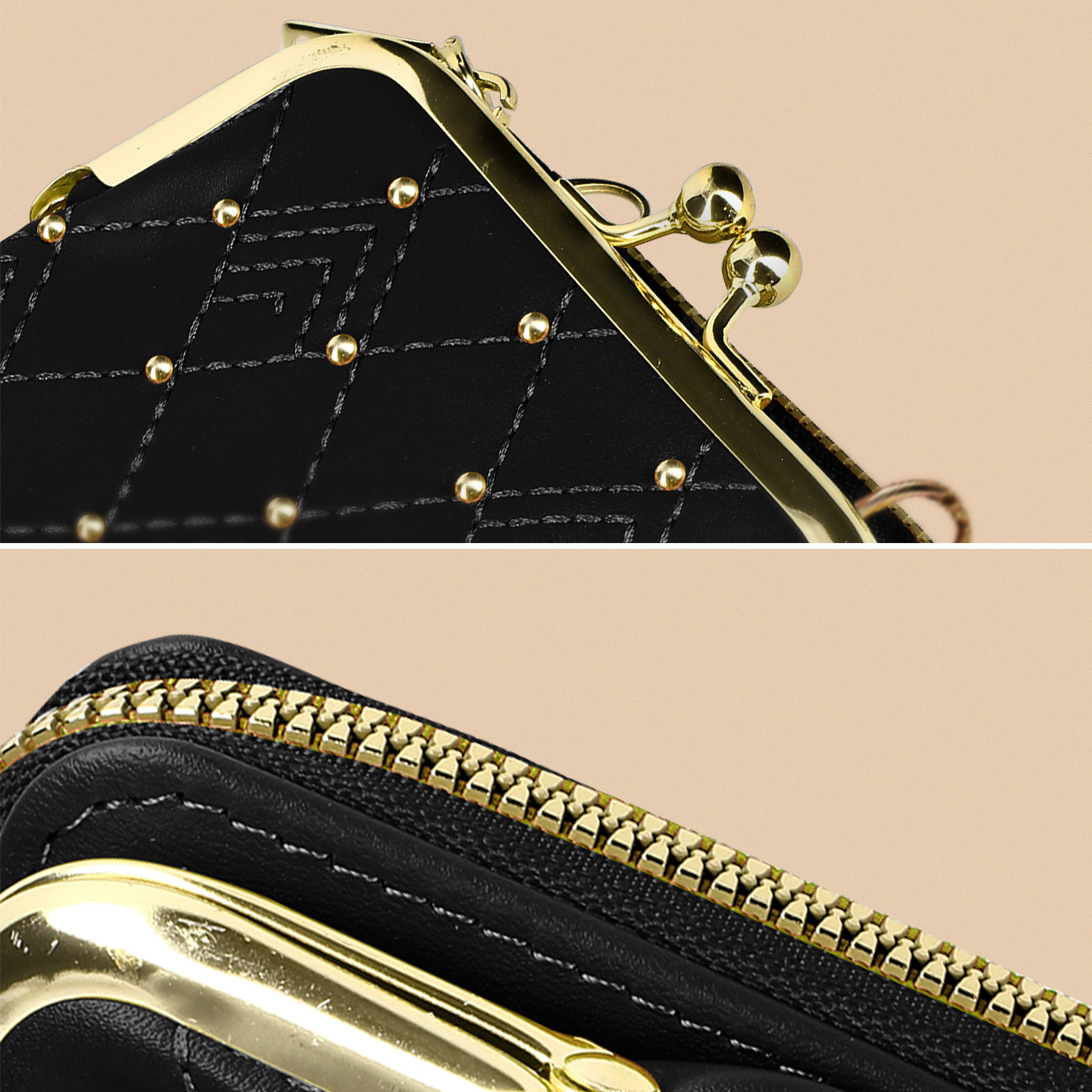 Portafoglio nero trapuntato con borchie dorate e zip.
