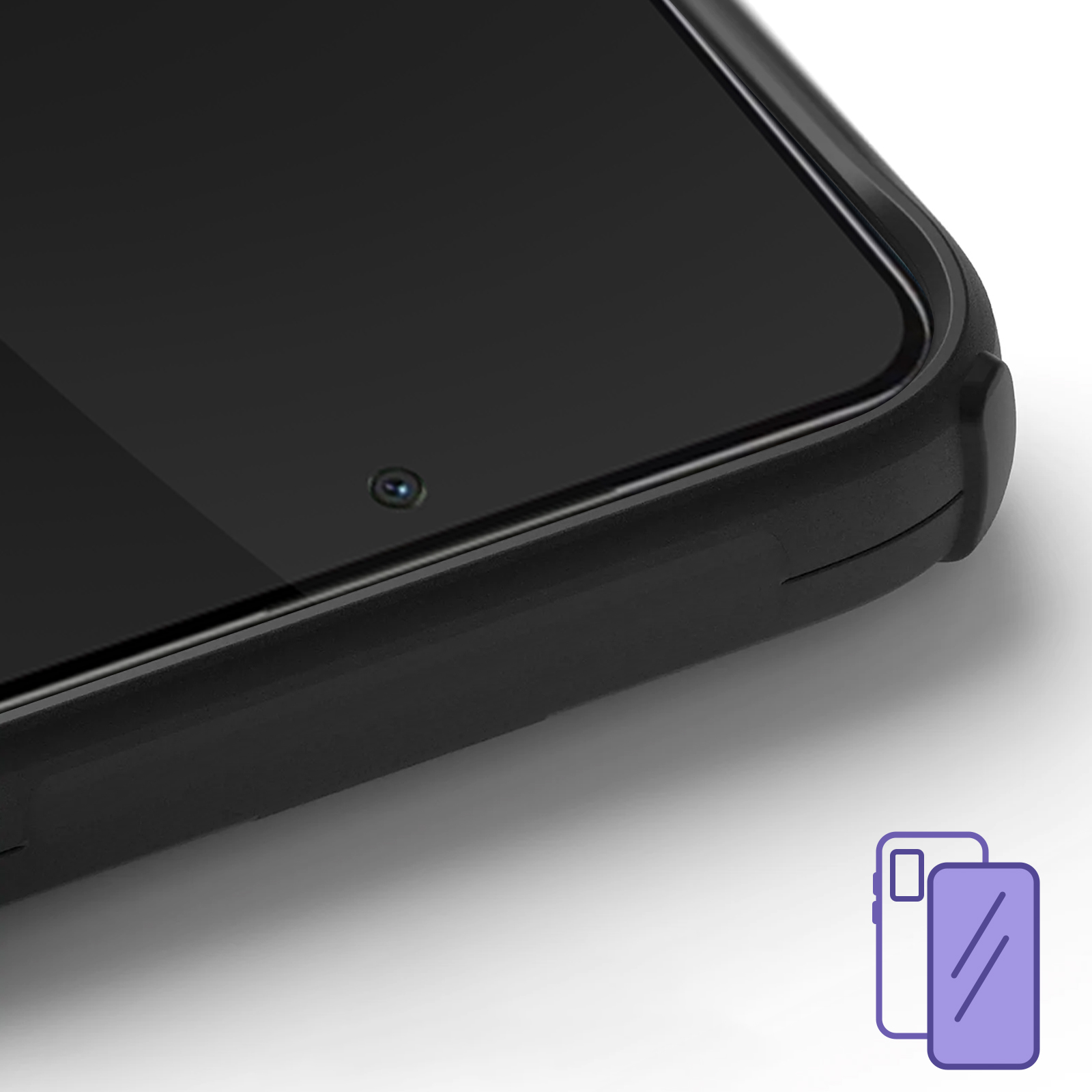 Particolare di cover nera per smartphone con isola fotocamera e icona.