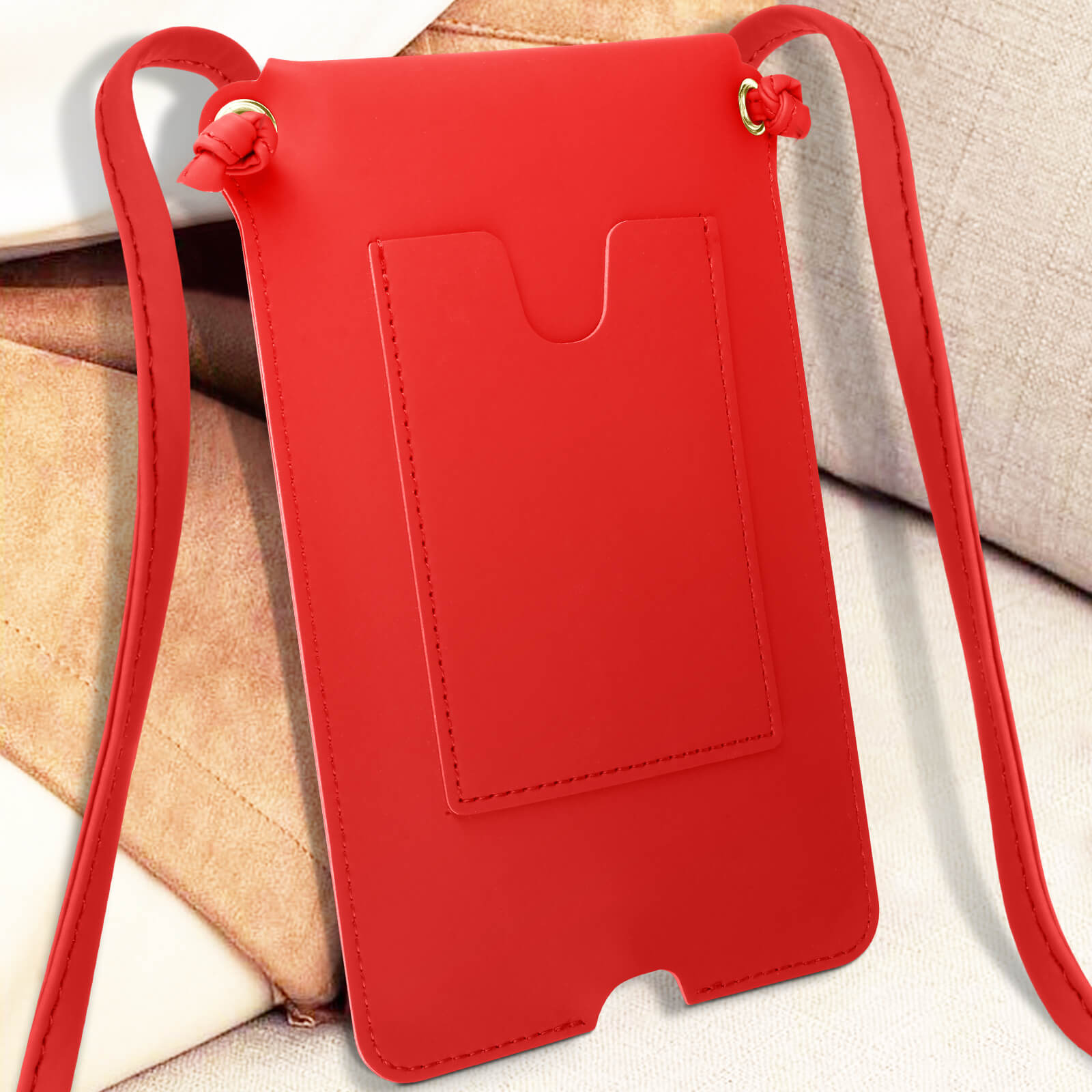 Una custodia rossa per telefono con tasca esterna e tracolla lunga.
