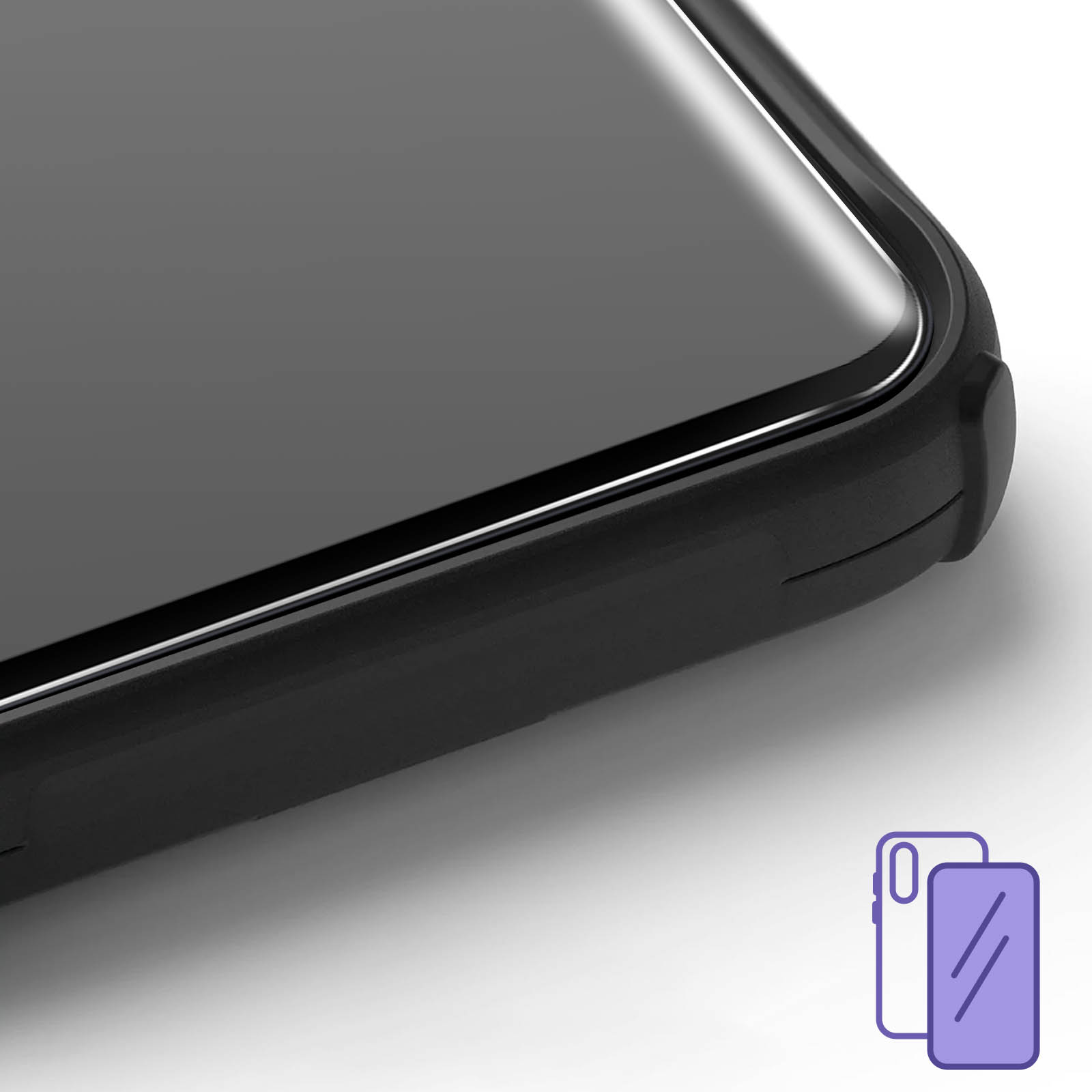 Gros plan d'une coque de téléphone noire avec protecteur d'écran. Icône violette en bas à droite.