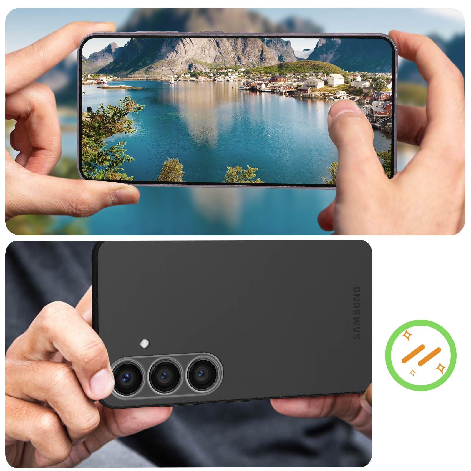 Hände halten ein Smartphone mit einer Ansicht eines Dorfes am Wasser mit Bergen im Hintergrund.