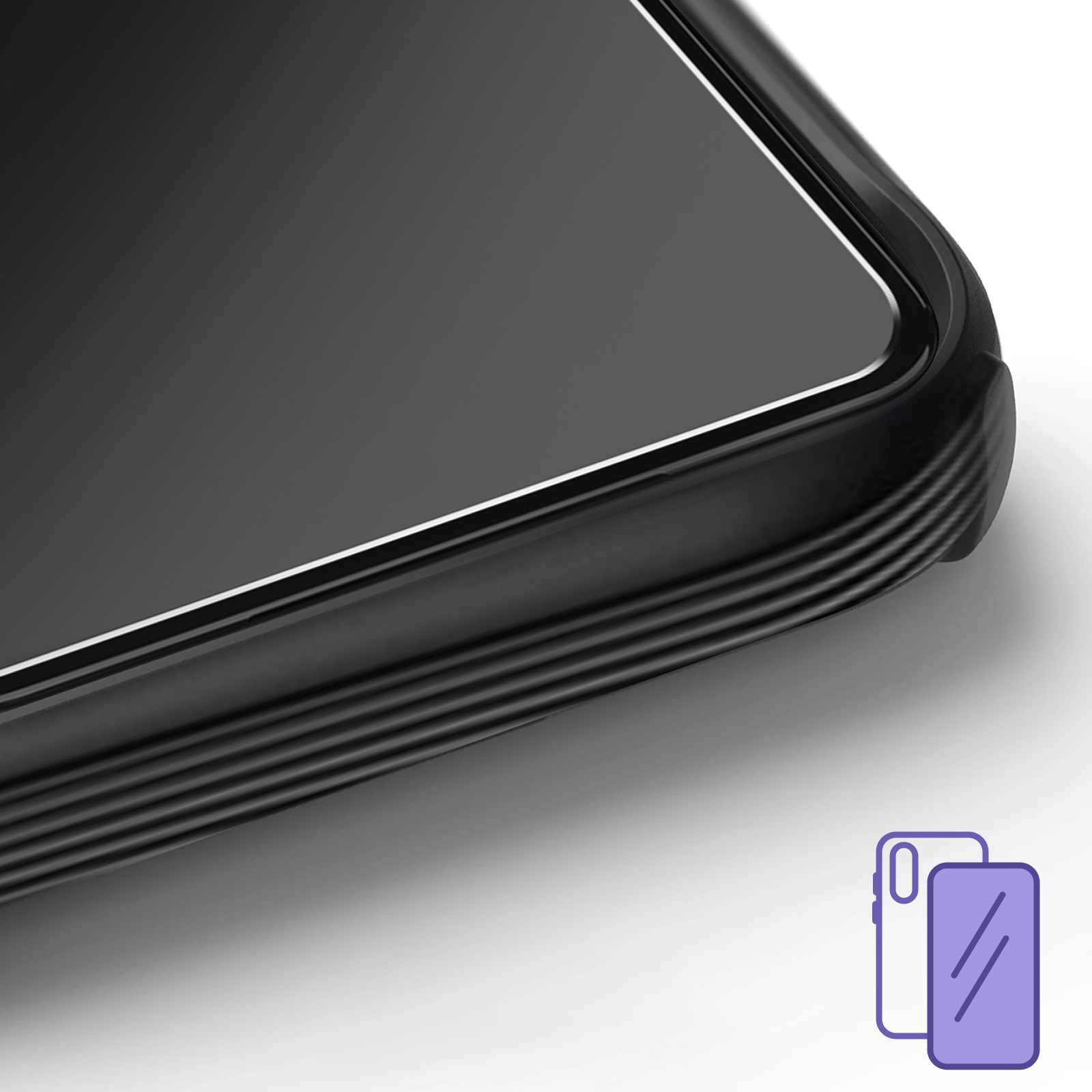 Téléphone noir avec bord rainuré et icône de protecteur d'écran.