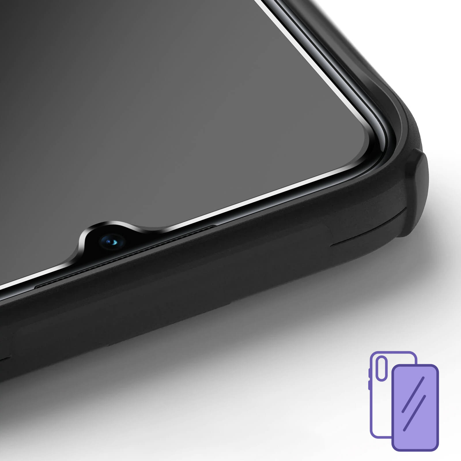 Gros plan d'une coque de téléphone noire avec trou pour appareil photo et icône de protecteur.