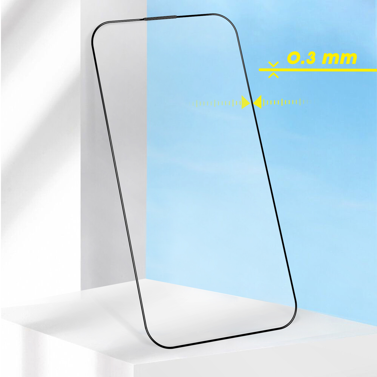 A thin, clear screen protector with 0.3mm thickness is shown.
