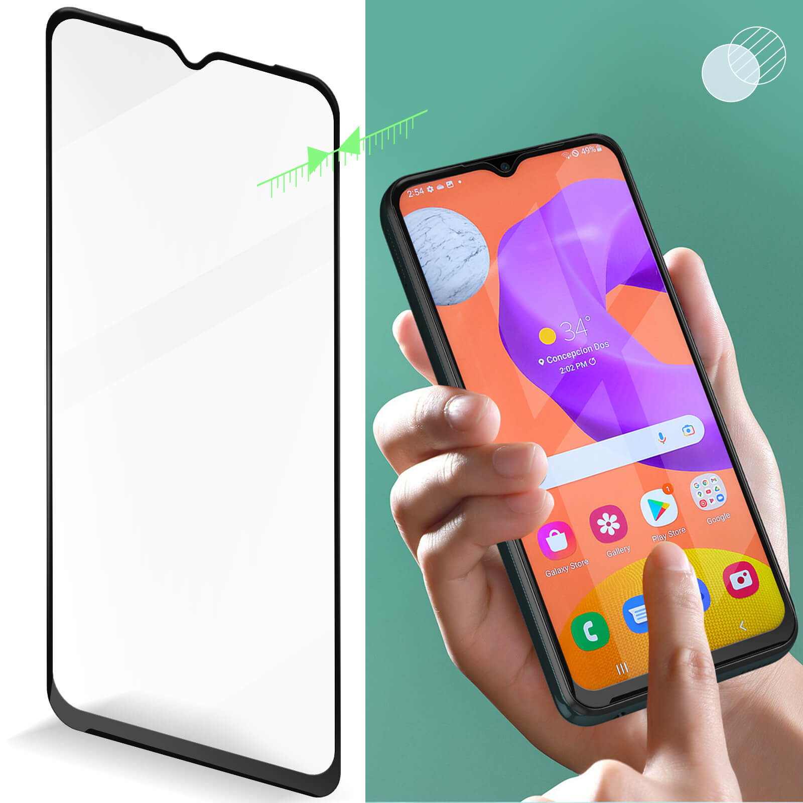 Une vue divisée d'un protecteur d'écran vierge et d'un écran de smartphone tenu.