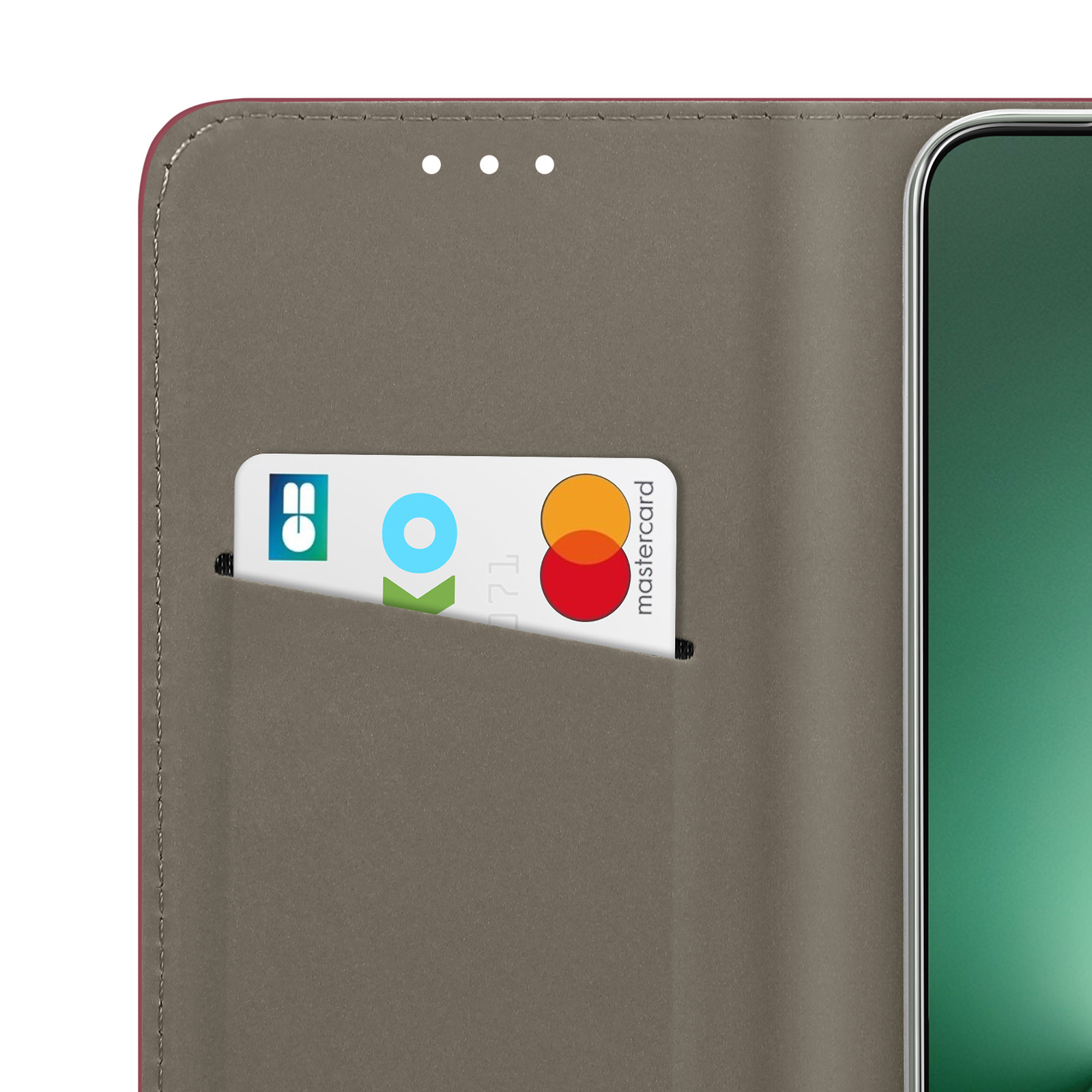 Eine graue Handyhülle mit Kartenfach, darin eine Mastercard und eine weitere Karte.