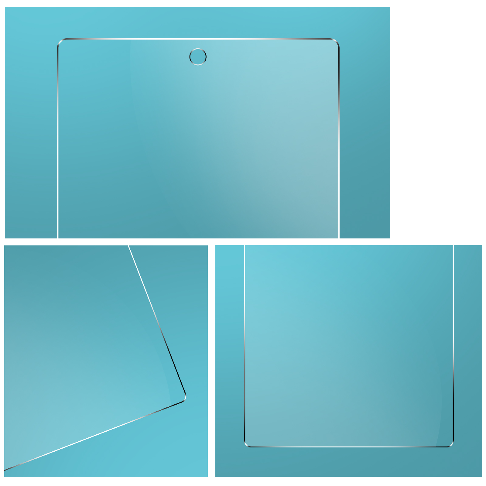 Schermo di un tablet con cerchio in alto, su sfondo blu.