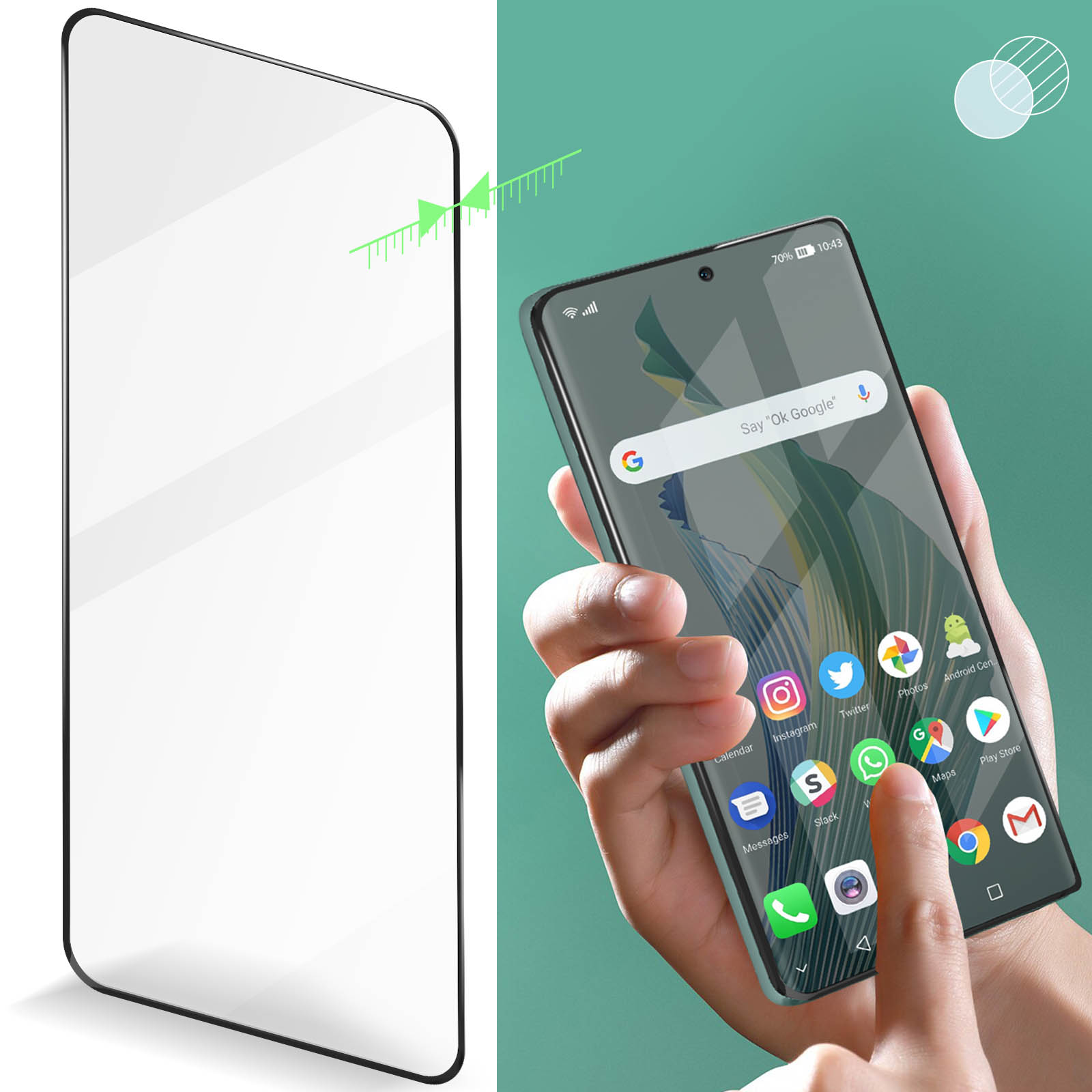 Un protecteur d'écran en verre et un smartphone tenu par une main. Icônes à l'écran.