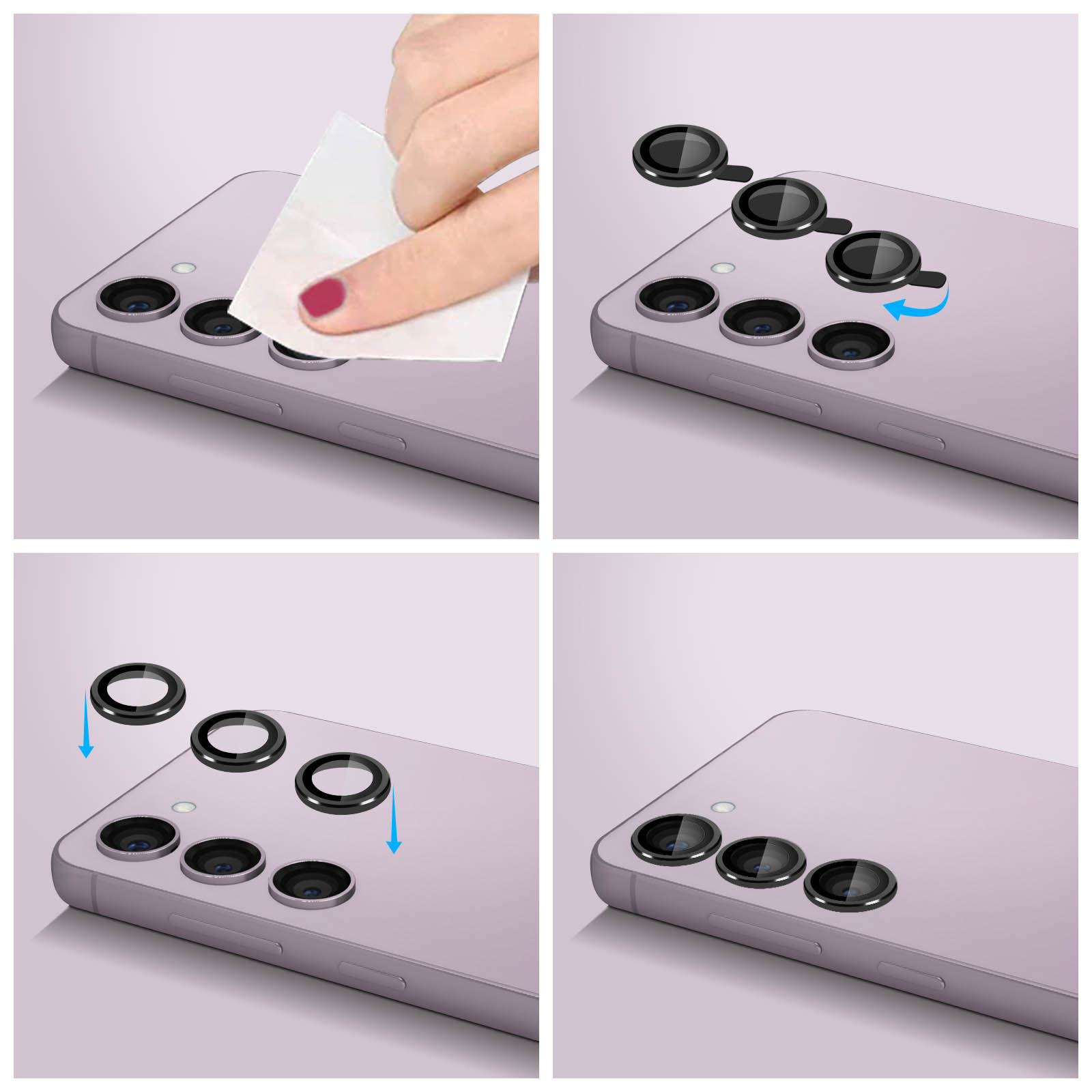 Guide étape par étape montrant comment appliquer des protections d'objectif sur un téléphone violet.