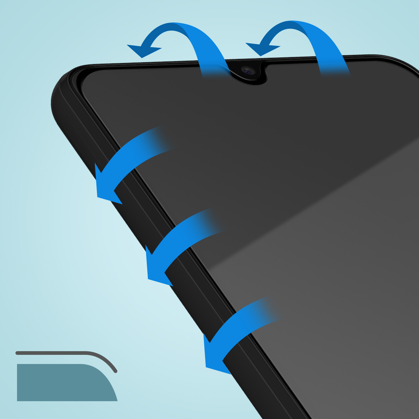 Vue de dessus d'un smartphone noir avec des flèches bleues indiquant le flux d'air.