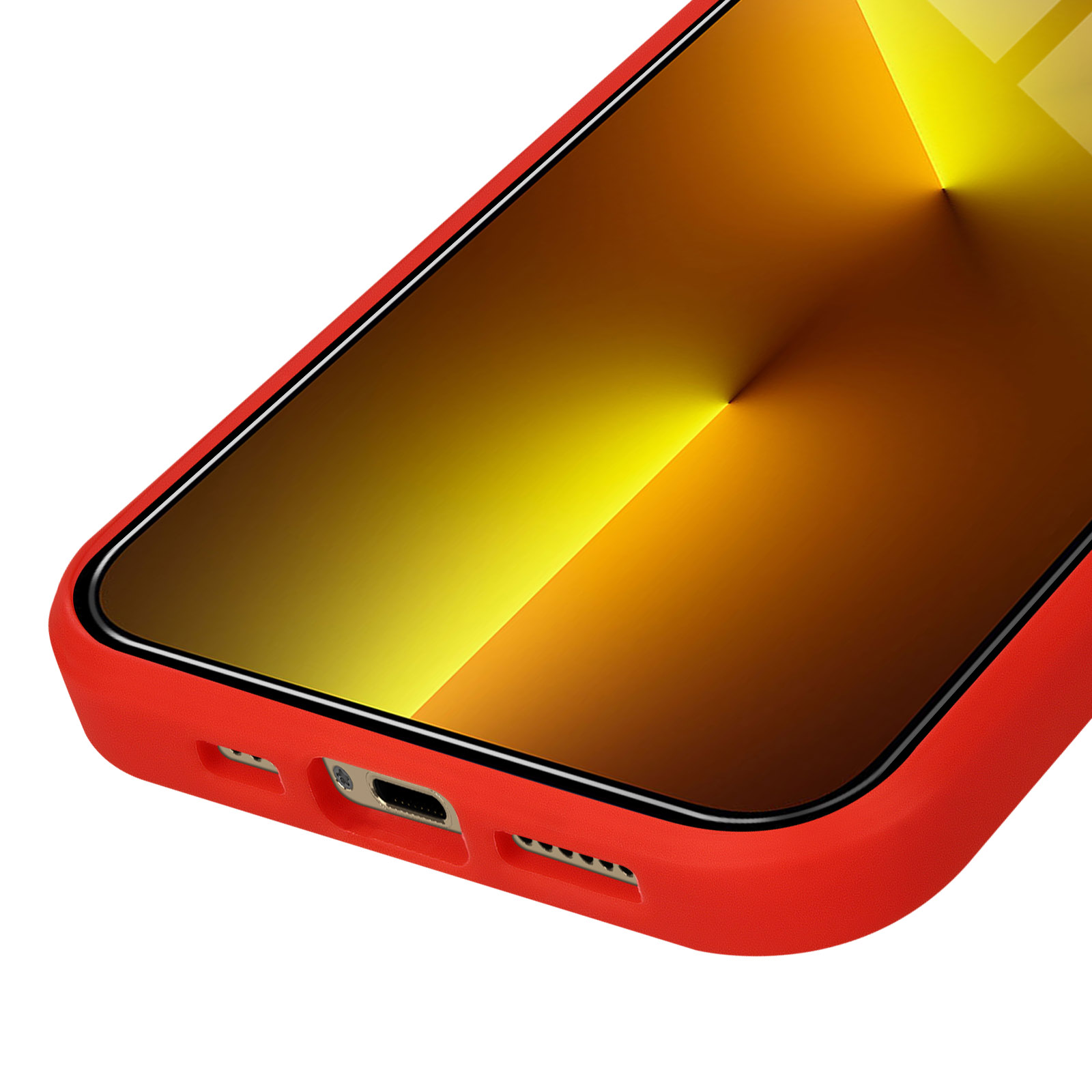 Una custodia rossa per telefono con sfondo schermo giallo-arancio. Primo piano.