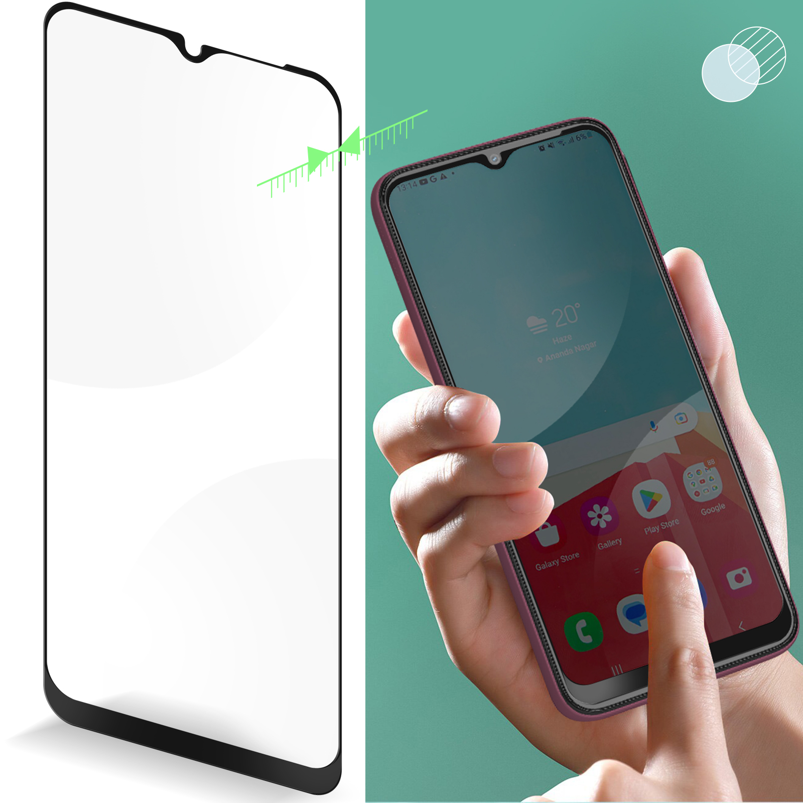 Un smartphone est tenu, avec un écran de protection à côté.