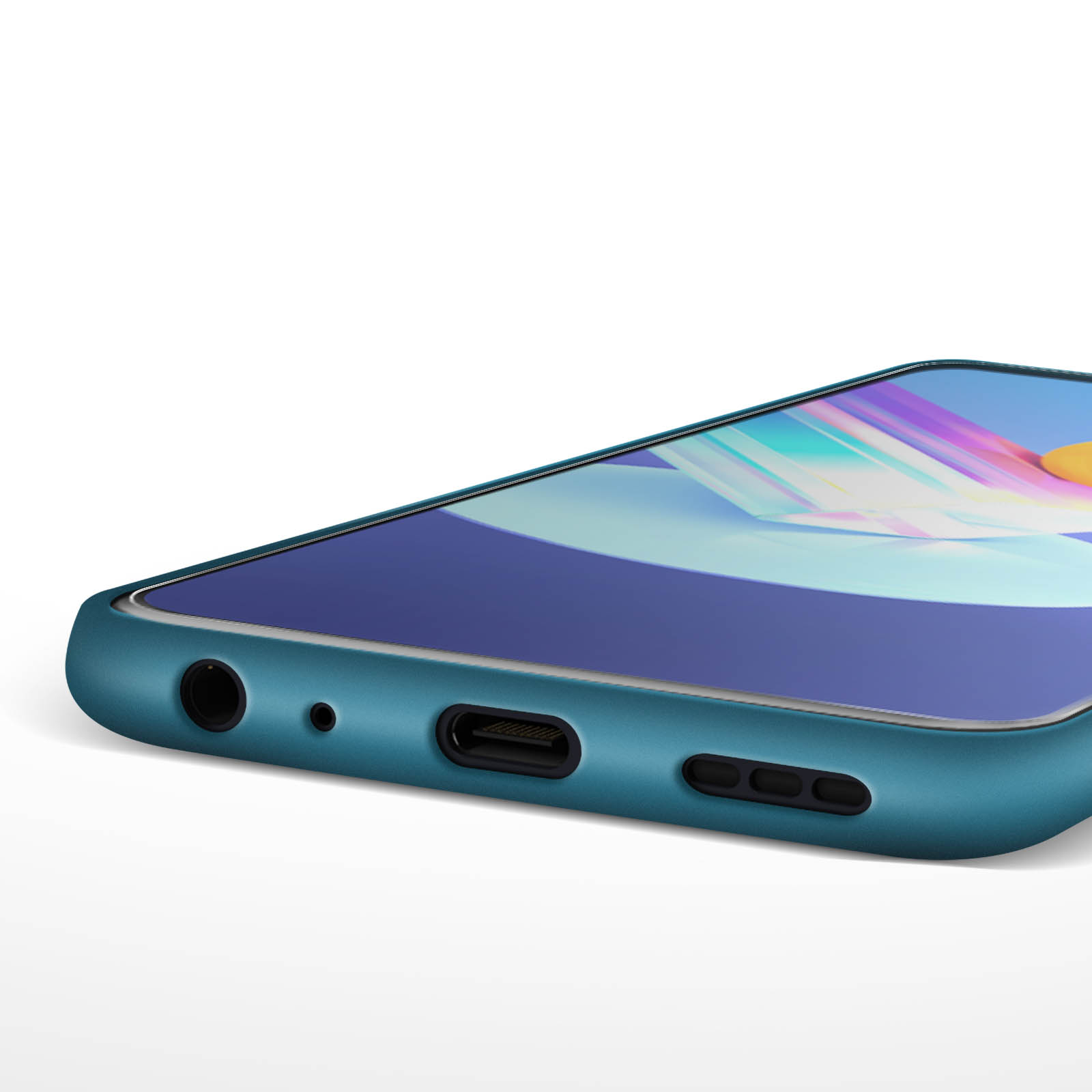 Primo piano del fondo di uno smartphone blu con porte e schermo visibili.
