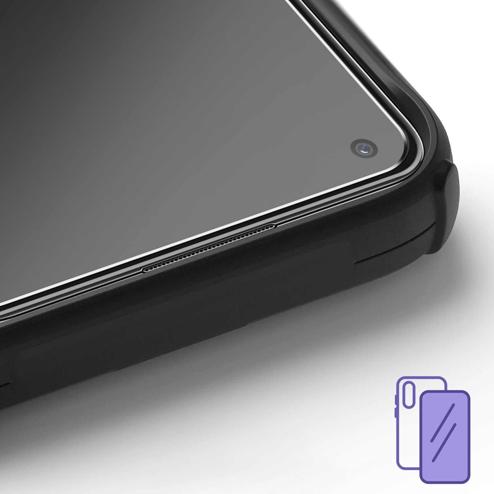 Gros plan d'un smartphone noir avec un écran élégant et un objectif de caméra avant.