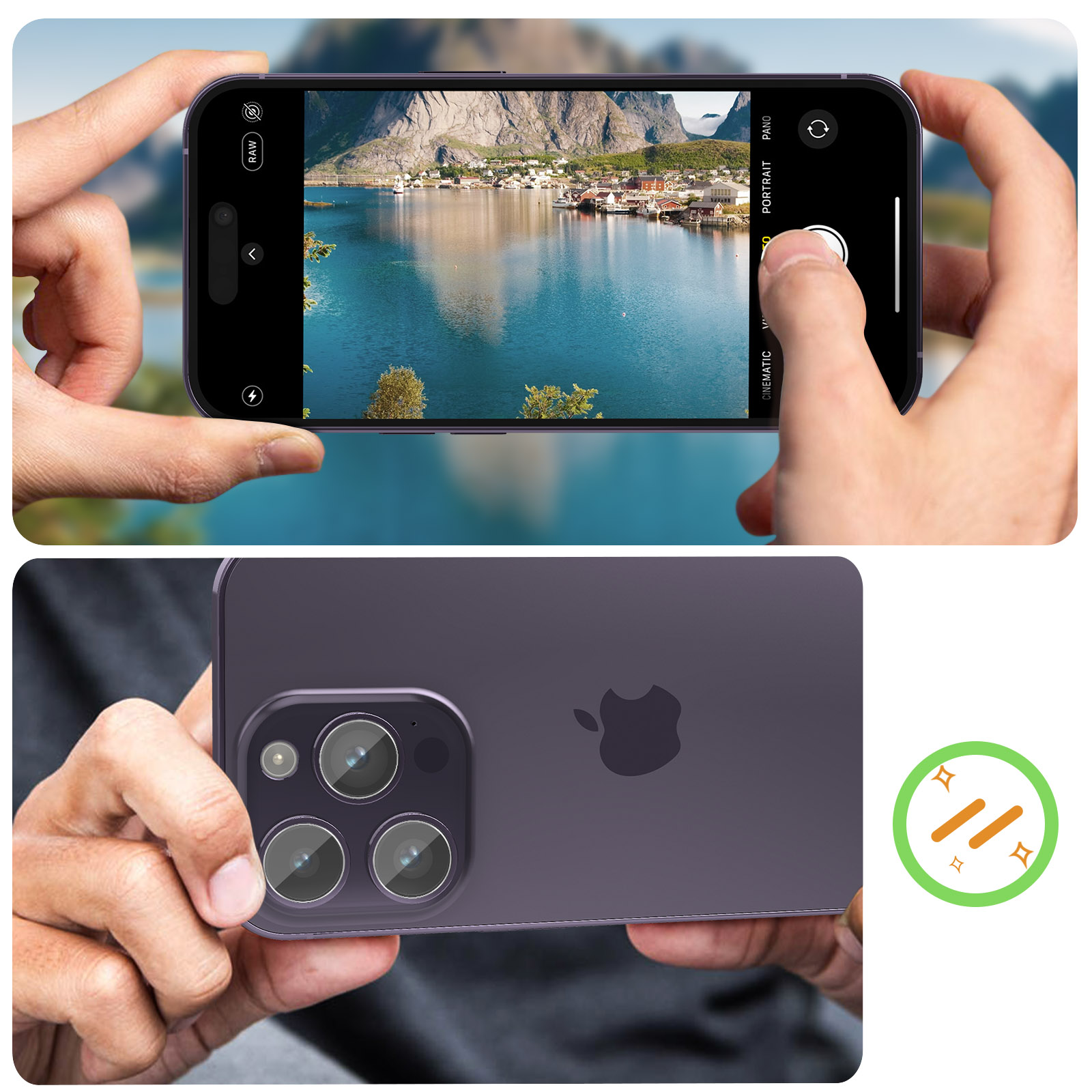 Mani tengono un iPhone viola che mostra un villaggio pittoresco sull'acqua. La vista posteriore mostra le fotocamere.