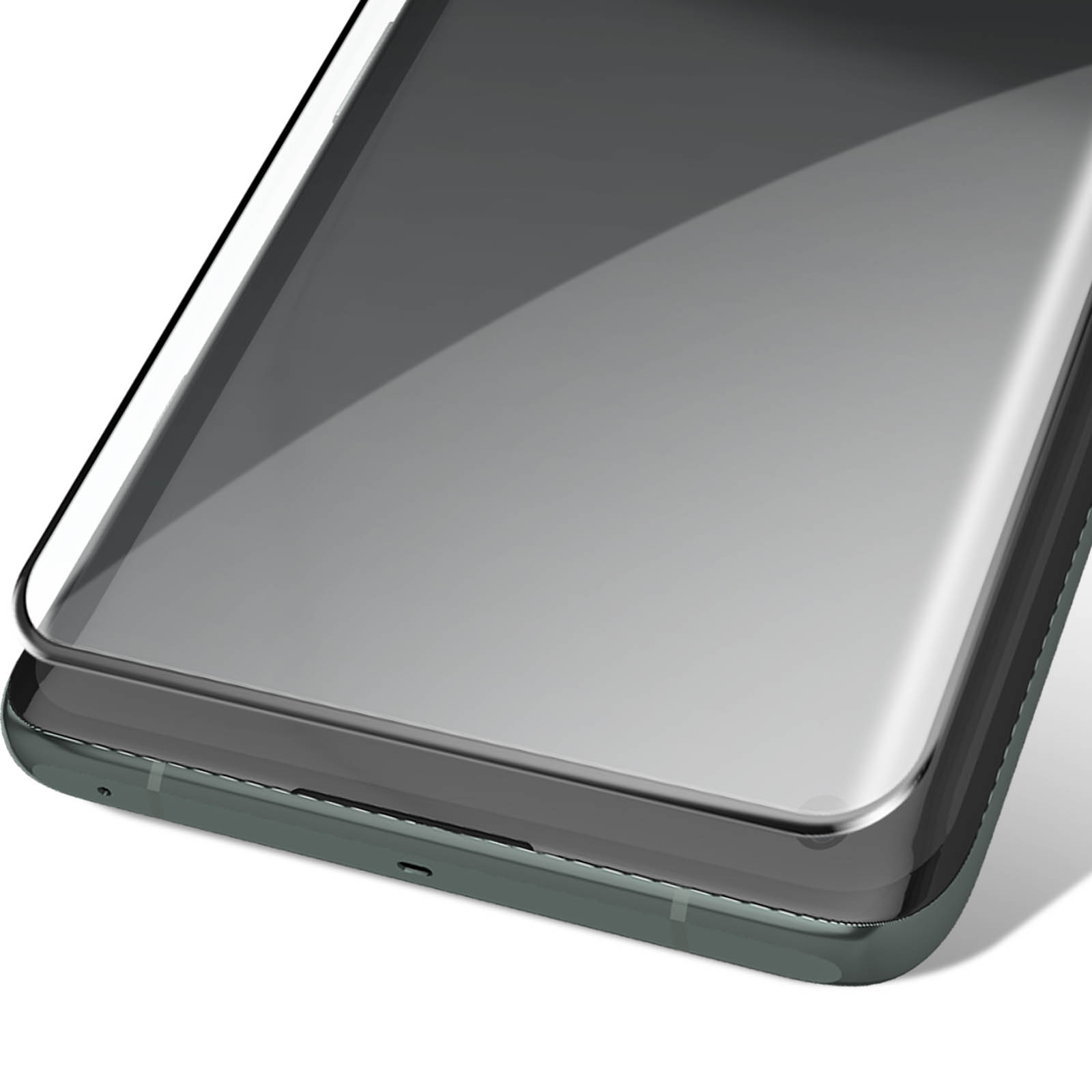 Un protecteur transparent pour un smartphone sombre aux bords arrondis.