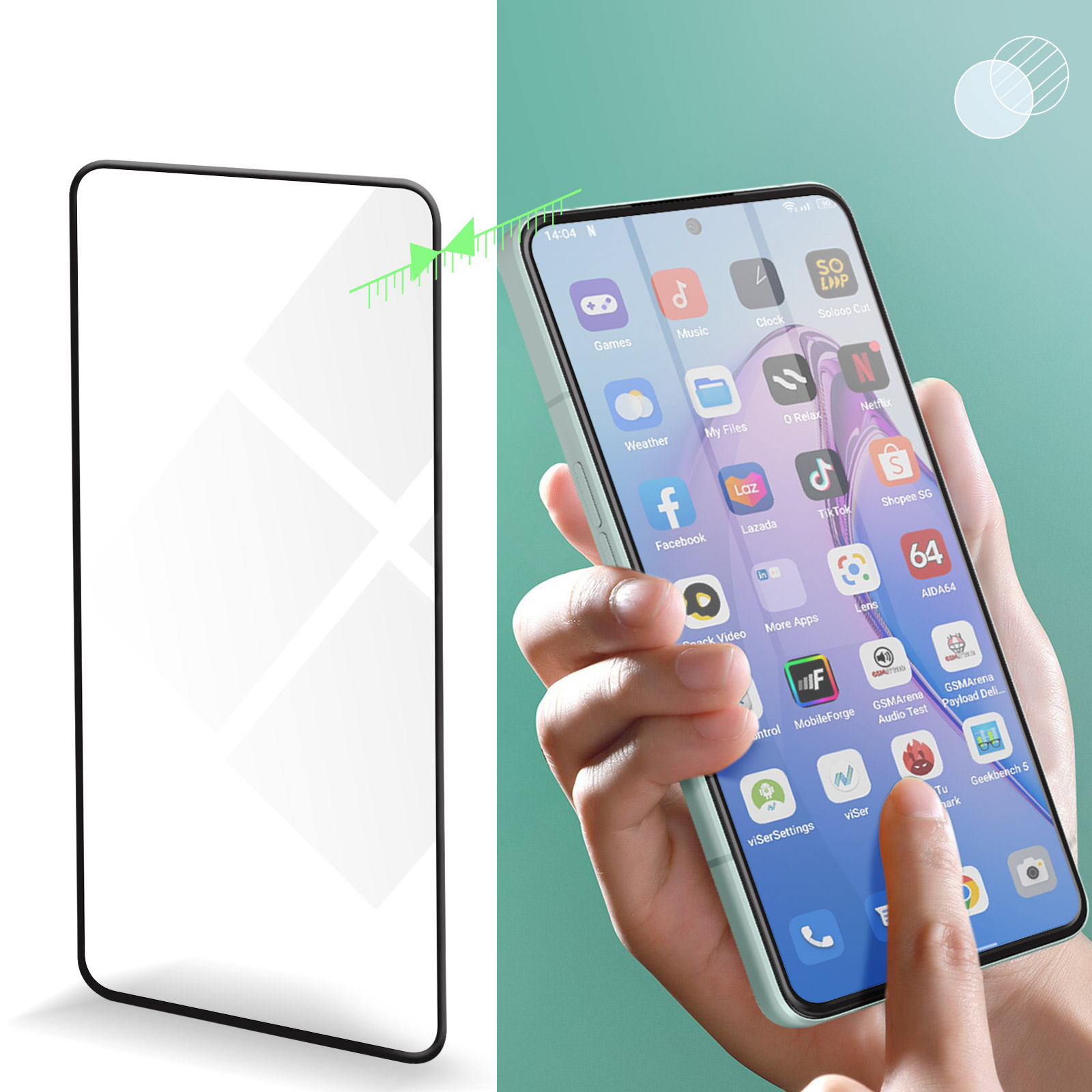 Un téléphone avec de nombreuses icônes d'applications est tenu en main. À gauche, un protecteur d'écran.