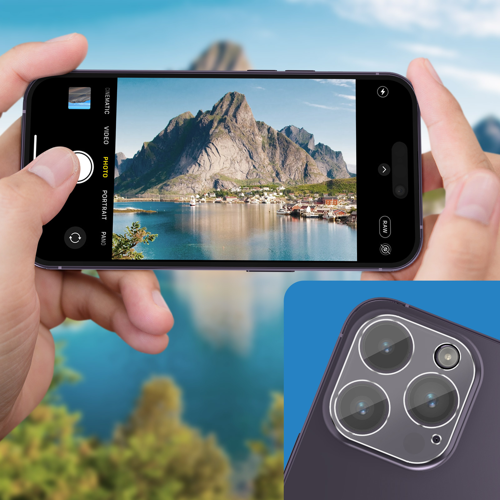 La app de cámara del móvil muestra un paisaje montañoso con un pueblo junto al agua.